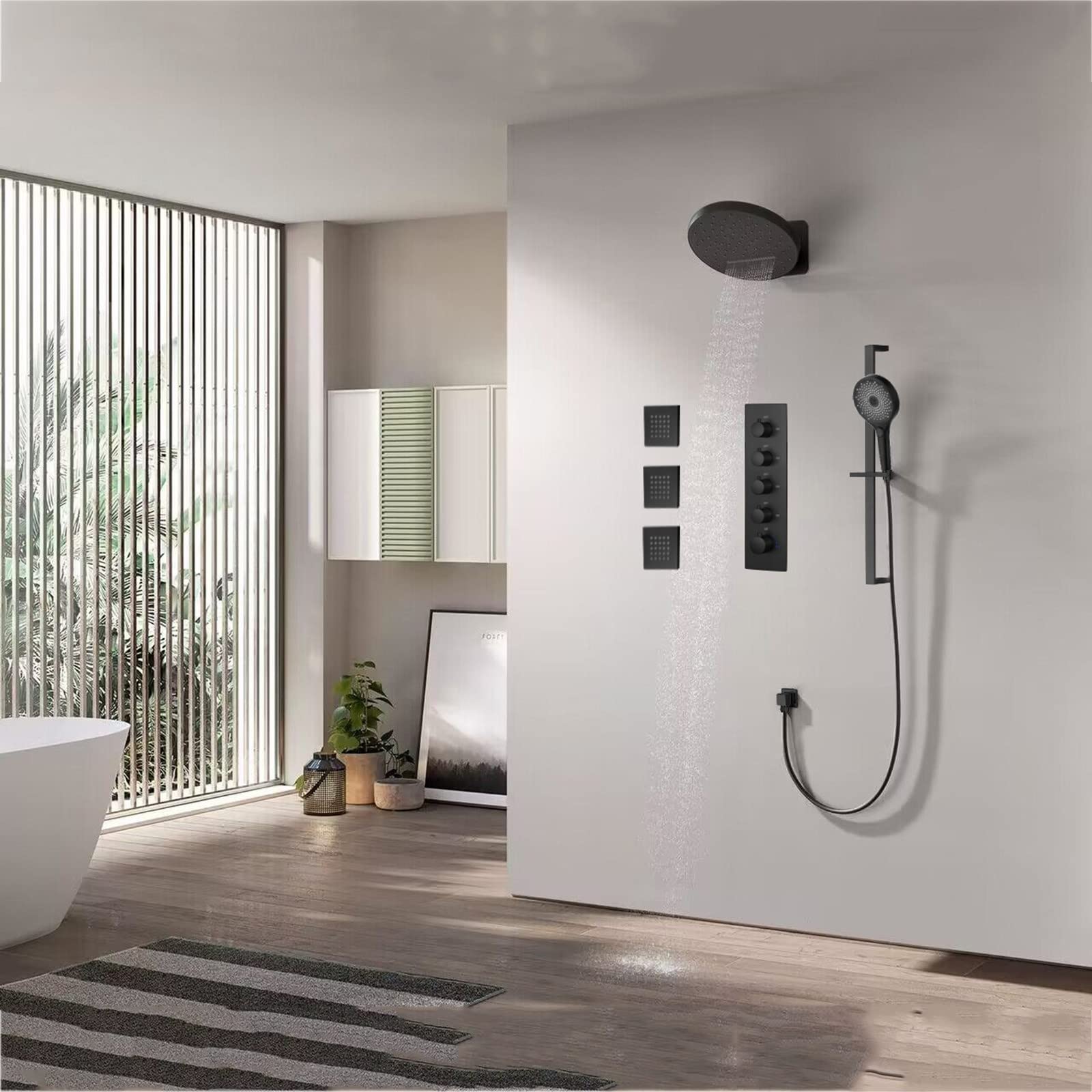 Thermostatic Shower System Set - 4 Function Mixer Tap Valve with Rainfall Shower Head, Handheld Spray & 3 Body Jets - Wall Mounted Complete Combo with Slide Bar for Luxurious Bathroom Experience - Perfect for Master Bath, Spa Retreat & Modern Home Renovation