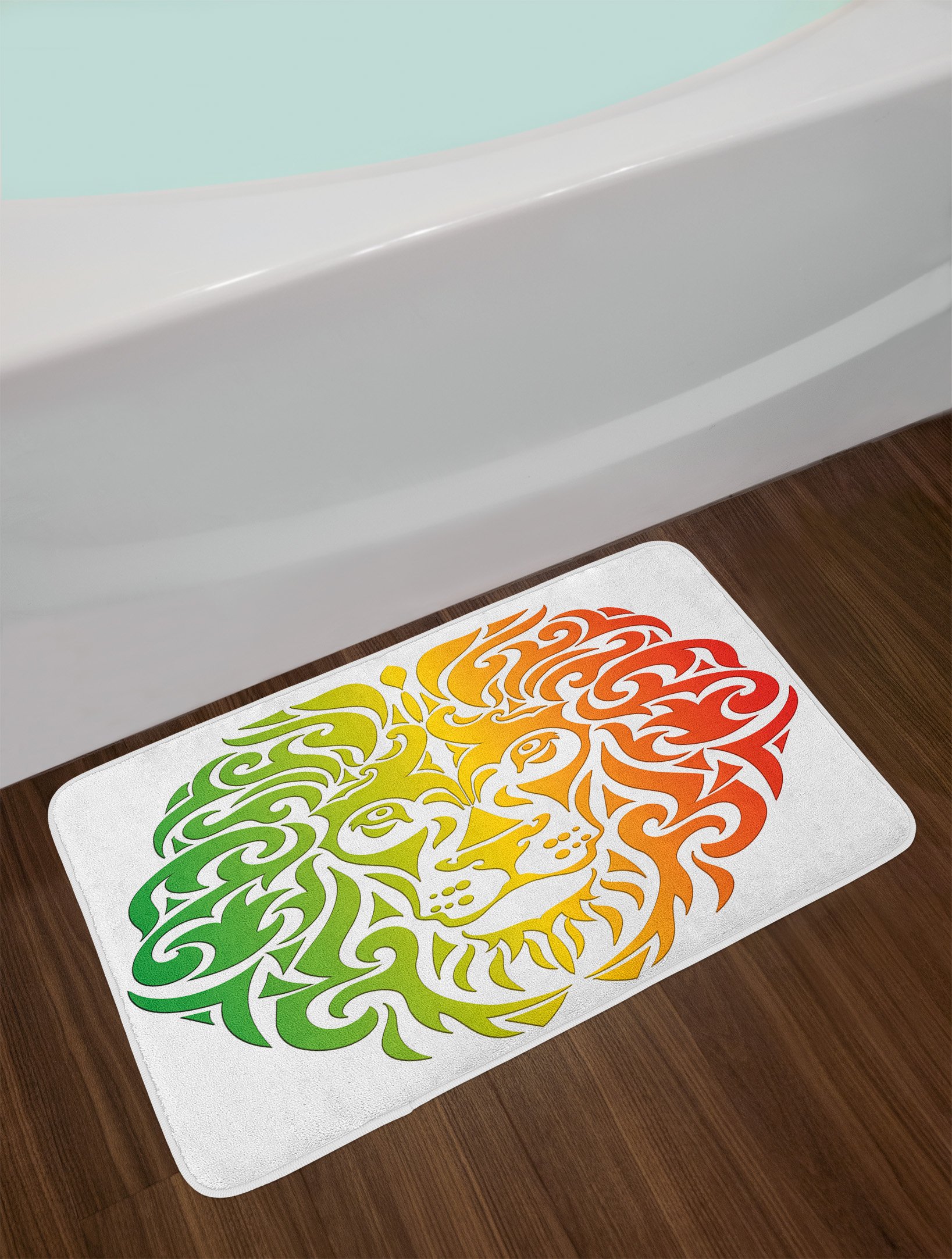 Ambesonne Rasta Bath Mat - Lion Portrait King of Jungle Non-Slip Plush Bathroom Rug, 30.2 x 20 Inches, Fern Green & Orange - Perfect for Bathroom Decor, Shower Mats, and Home Spa Essentials