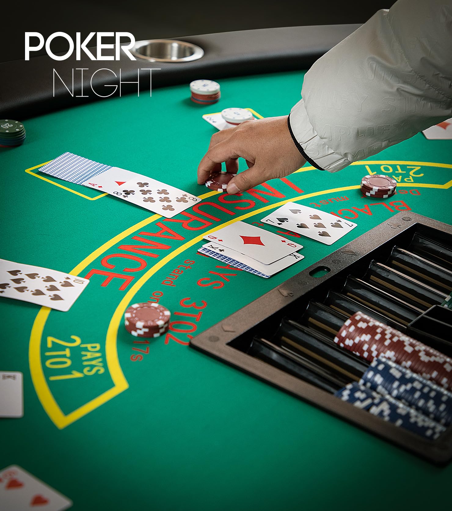 Foldable 7-Player Poker Table for Blackjack & Texas Hold'em - Casino Game Table with Stainless Steel Cup Holders - Green Speed Felt Surface for Card Games, Dominoes & Board Games - Perfect for Home Game Nights & Casino-Themed Parties