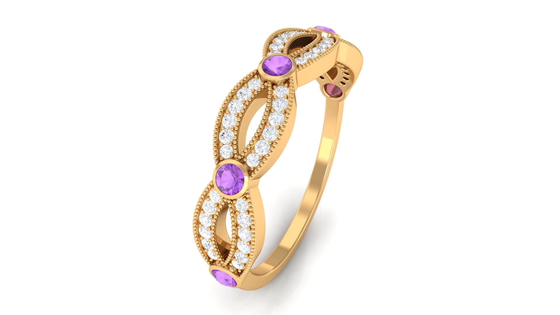 1/2 CT Amethyst and Diamond Ring - 14K Solid Gold Criss Cross Bezel Set Half Eternity Ring for Women | Perfect for Valentine's Day, Anniversary Gifts & Special Occasions
