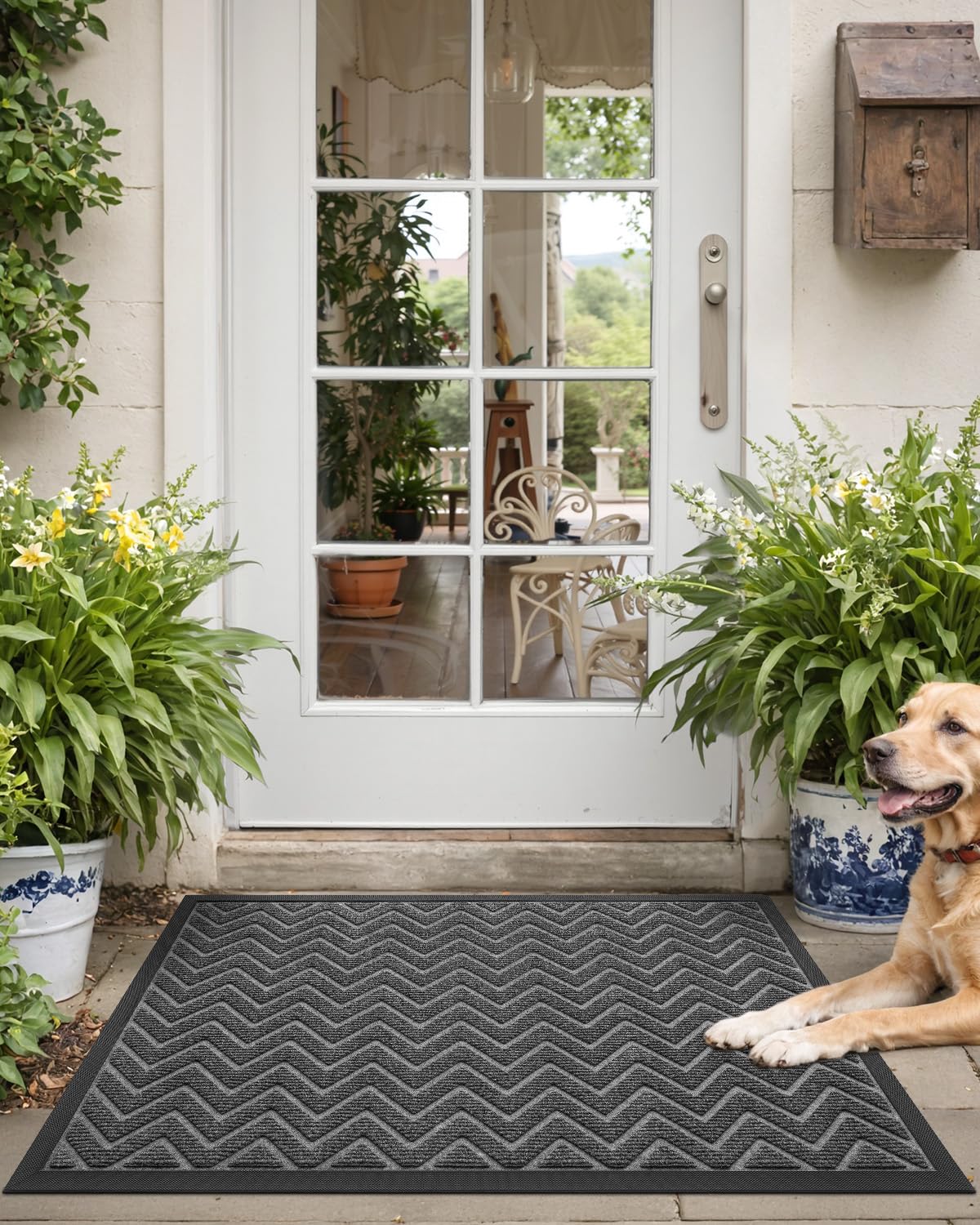 DEXI Heavy Duty Rubber Backed Doormat for Front Door - 17x29 Inch Non-Slip Entrance Mat, Stain & Fade Resistant, Easy Clean Low Profile Chevron Design in Dark Grey - Perfect for Home, Office, and Outdoor Entryway Protection