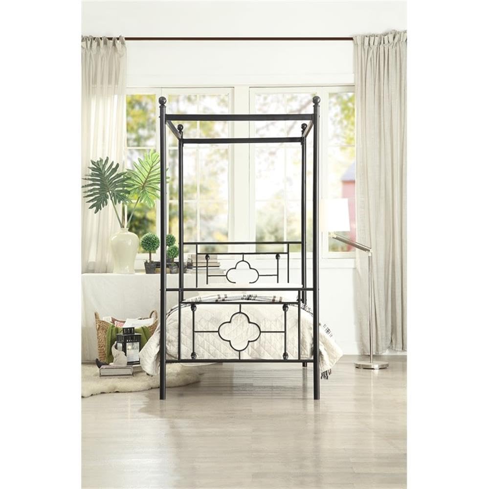 Pemberly Row Black Metal Twin Canopy Platform Bed Frame - Sturdy Modern Design for Kids Room, Guest Bedroom & Small Space Living