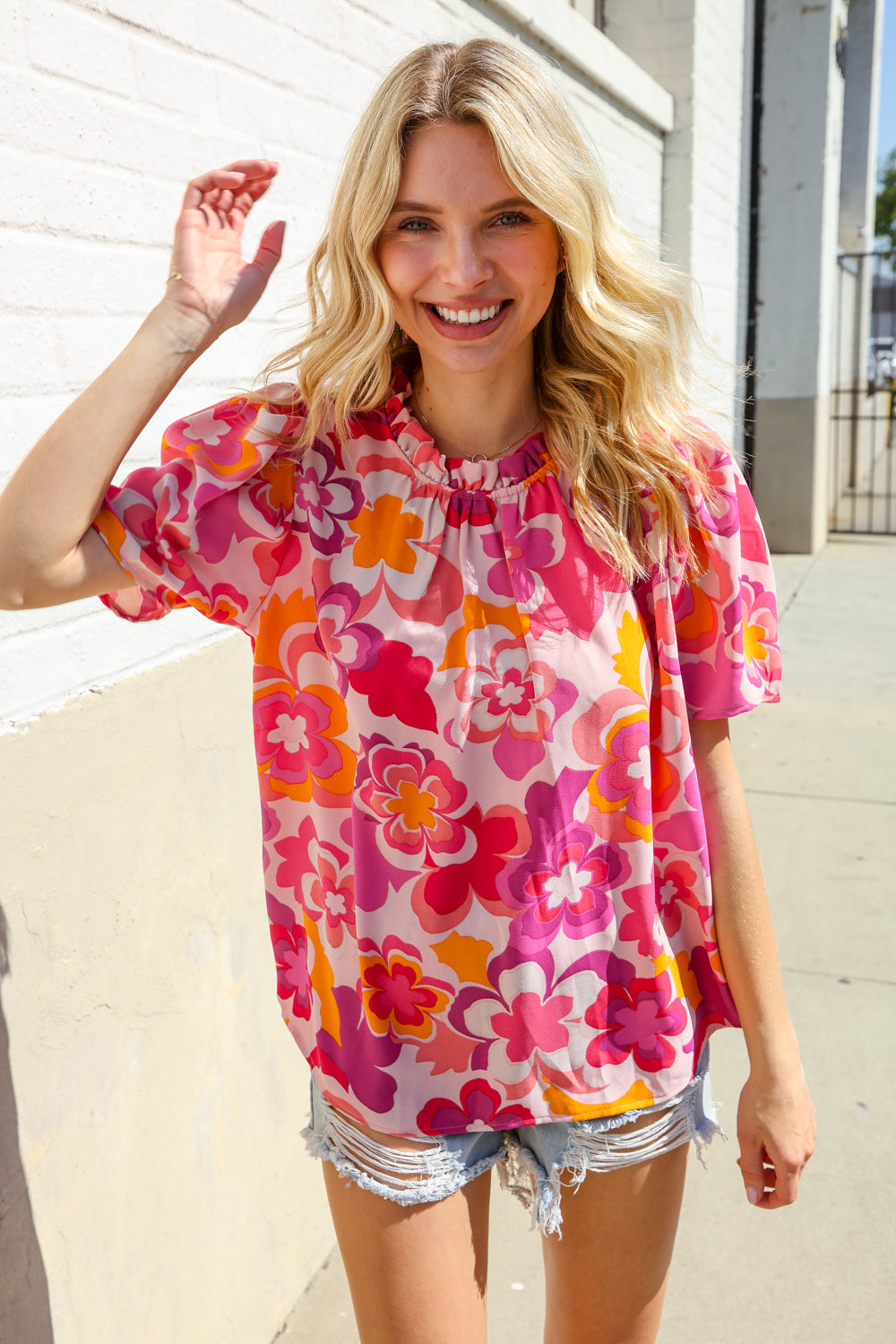 Perfectly You Fuchsia Big Floral Frill Neck Back Button Blouse - Women's Elegant Vintage Style Top for Parties, Dates & Office Wear
