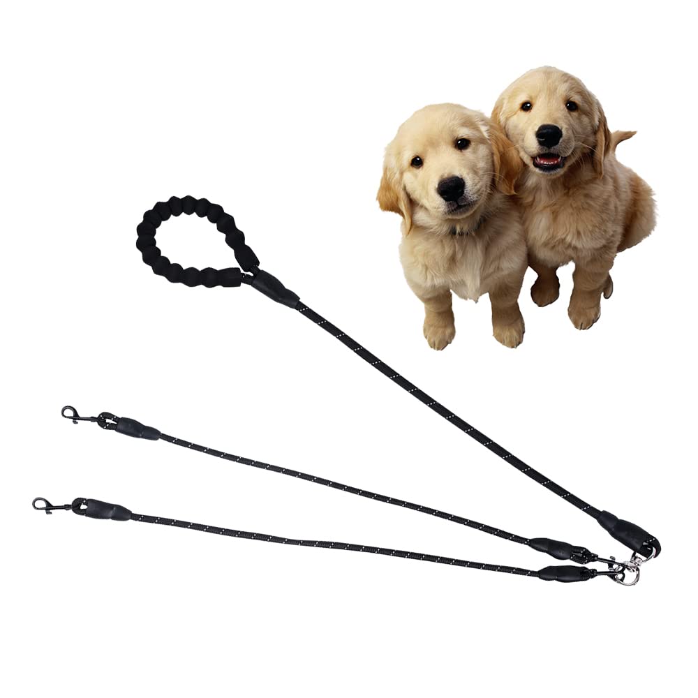 Dual Dog Leash for 2 Dogs - Reflective & Tangle-Free Double Dog Leash with 360° Swivel - Comfortable Training Leash for Small, Medium & Large Dogs (Black) - Perfect for Walking, Hiking & Outdoor Adventures