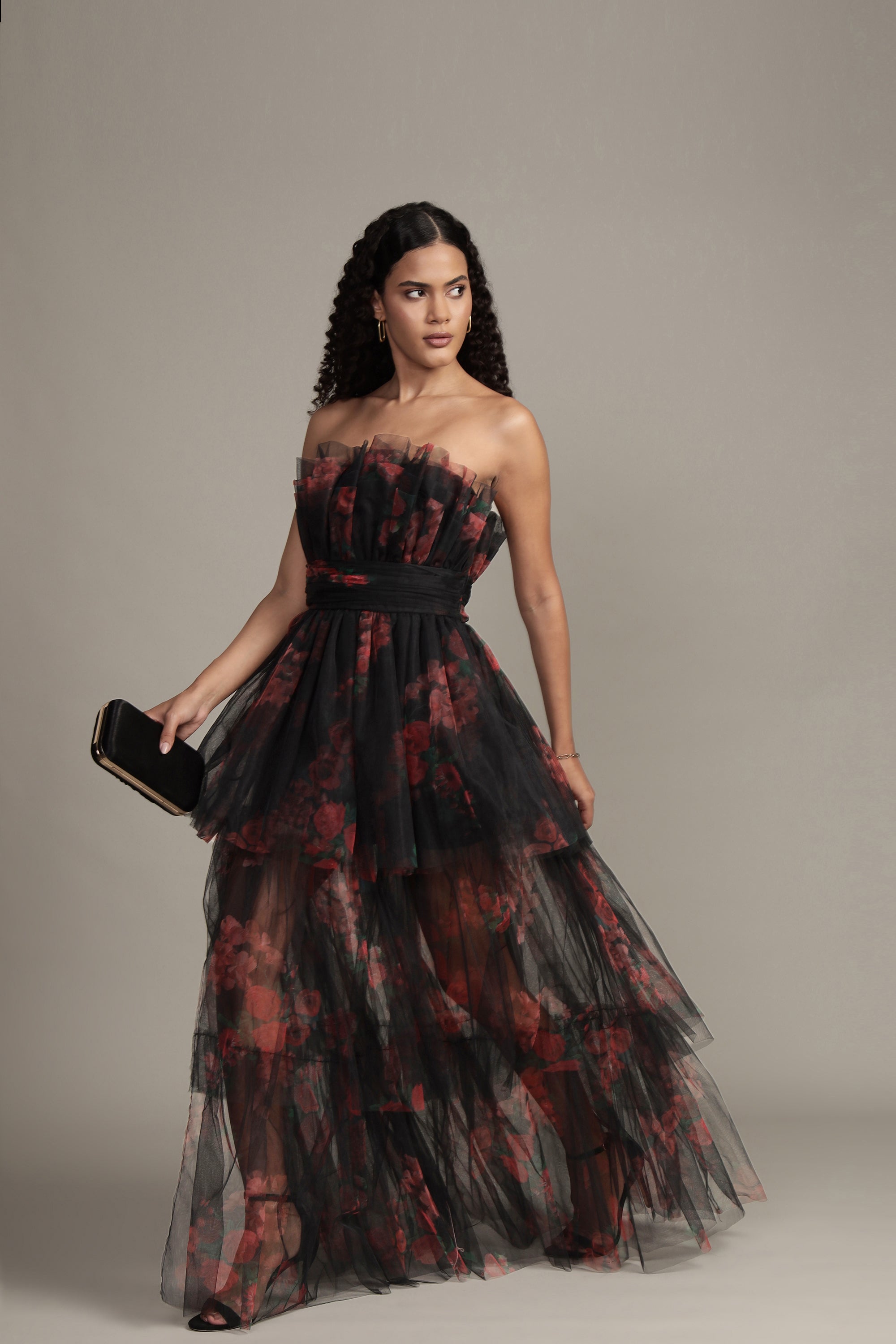 Natalia Black and Red Floral Tulle Maxi Dress for Women - Elegant Evening Gown for Weddings, Parties & Special Occasions