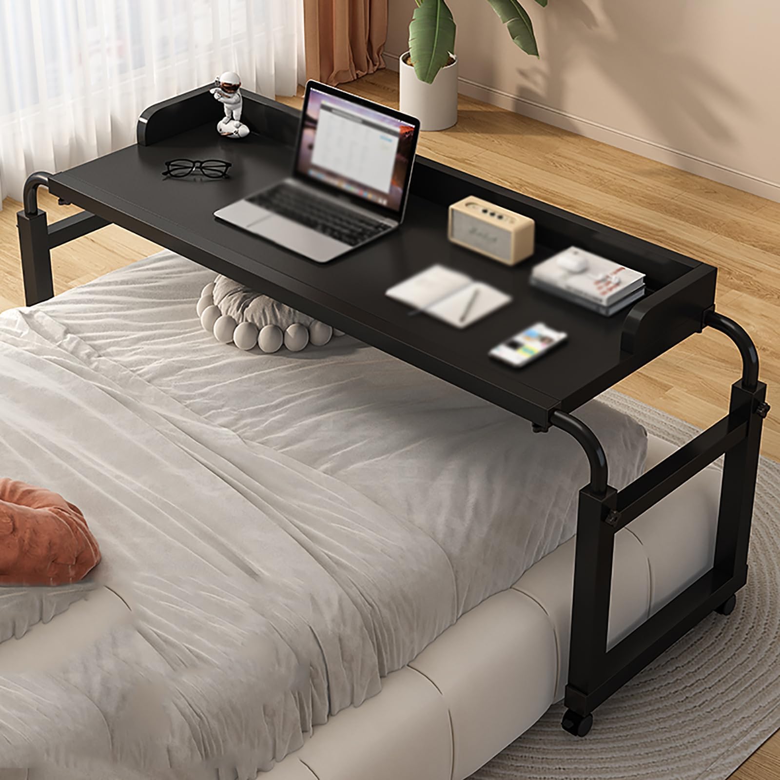 Adjustable Height Over Bed Table with Wheels - Mobile Cross-Bed Desk for King Size Beds (Black, 140cm/55.1in) - Perfect for Laptop Work, Breakfast in Bed, and Hospital Use