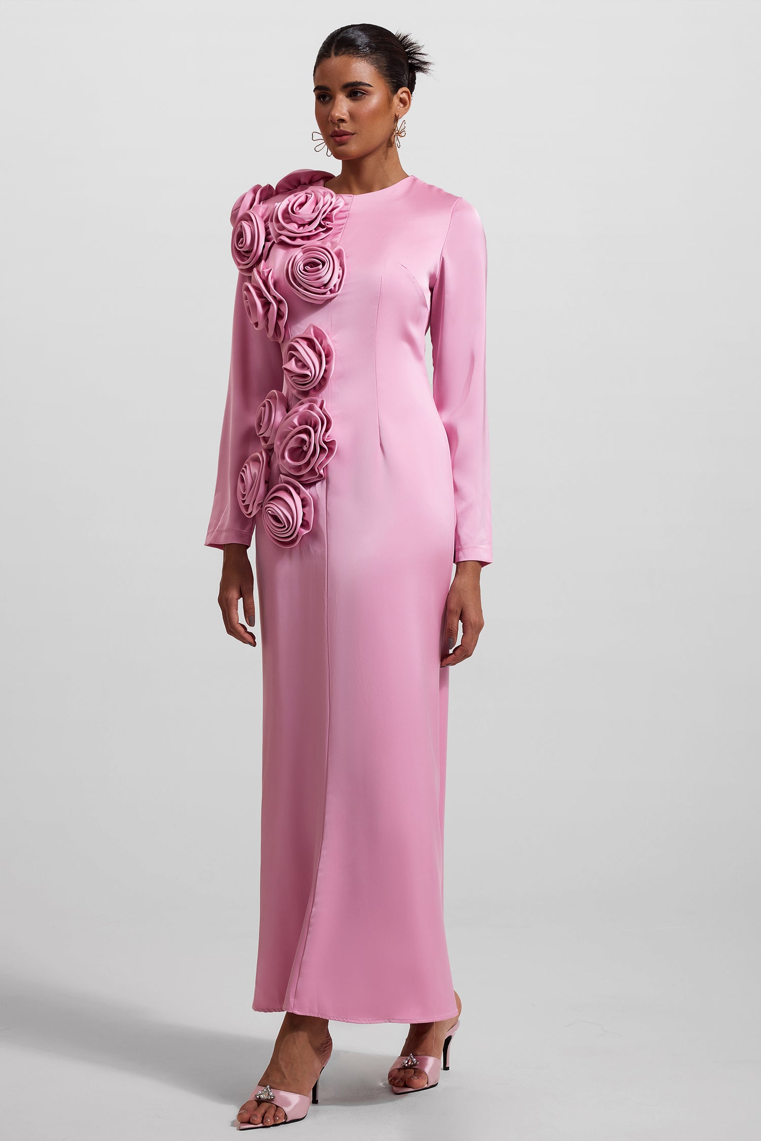 Elegant 3D Floral Print Satin Long Sleeve Midi Dress for Women - Perfect for Weddings, Parties & Special Occasions