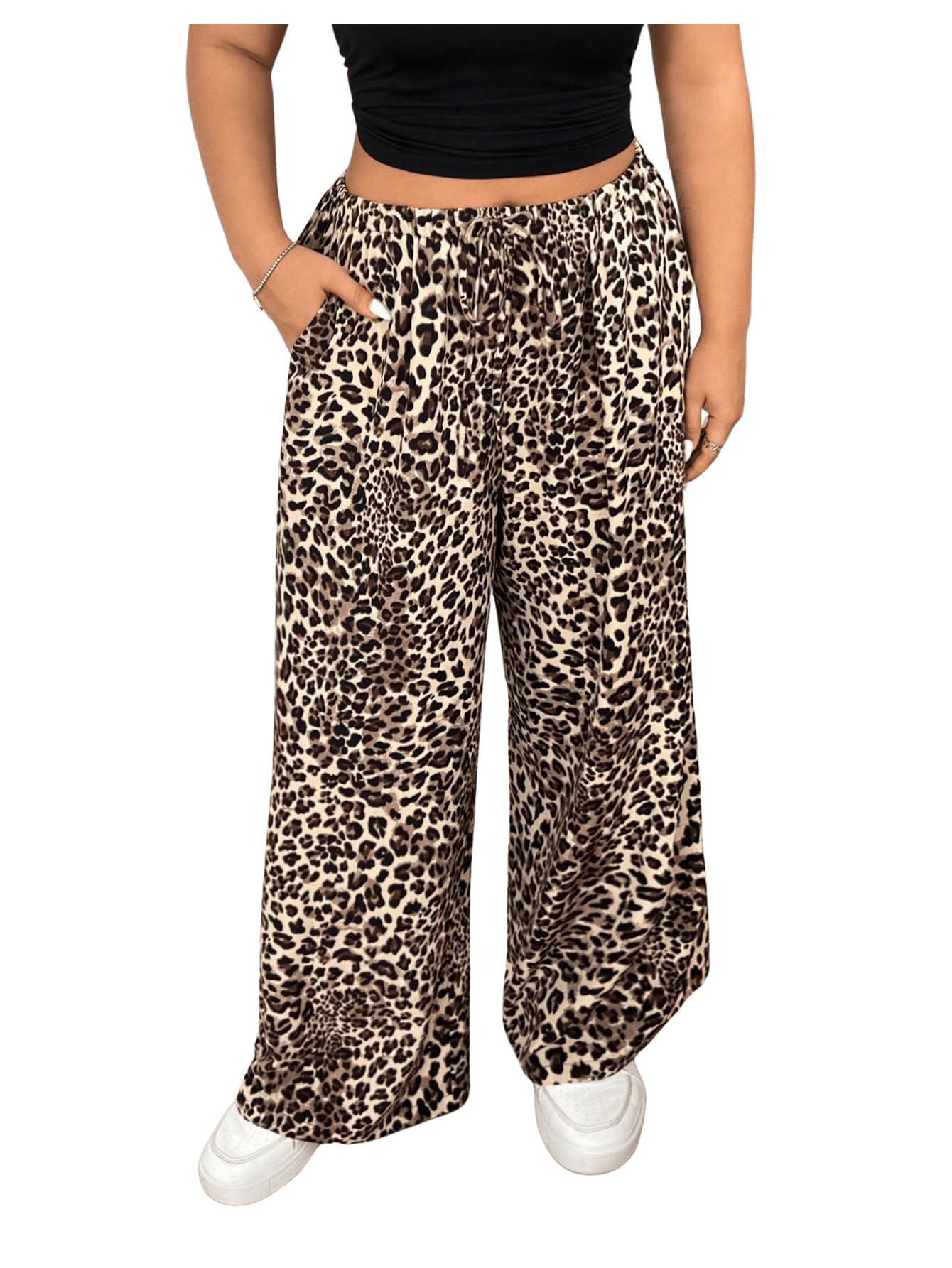 Floerns Women's Plus Size Leopard Print High Waist Pants with Drawstring - Wide Leg Trousers for Casual Wear & Office Outfits