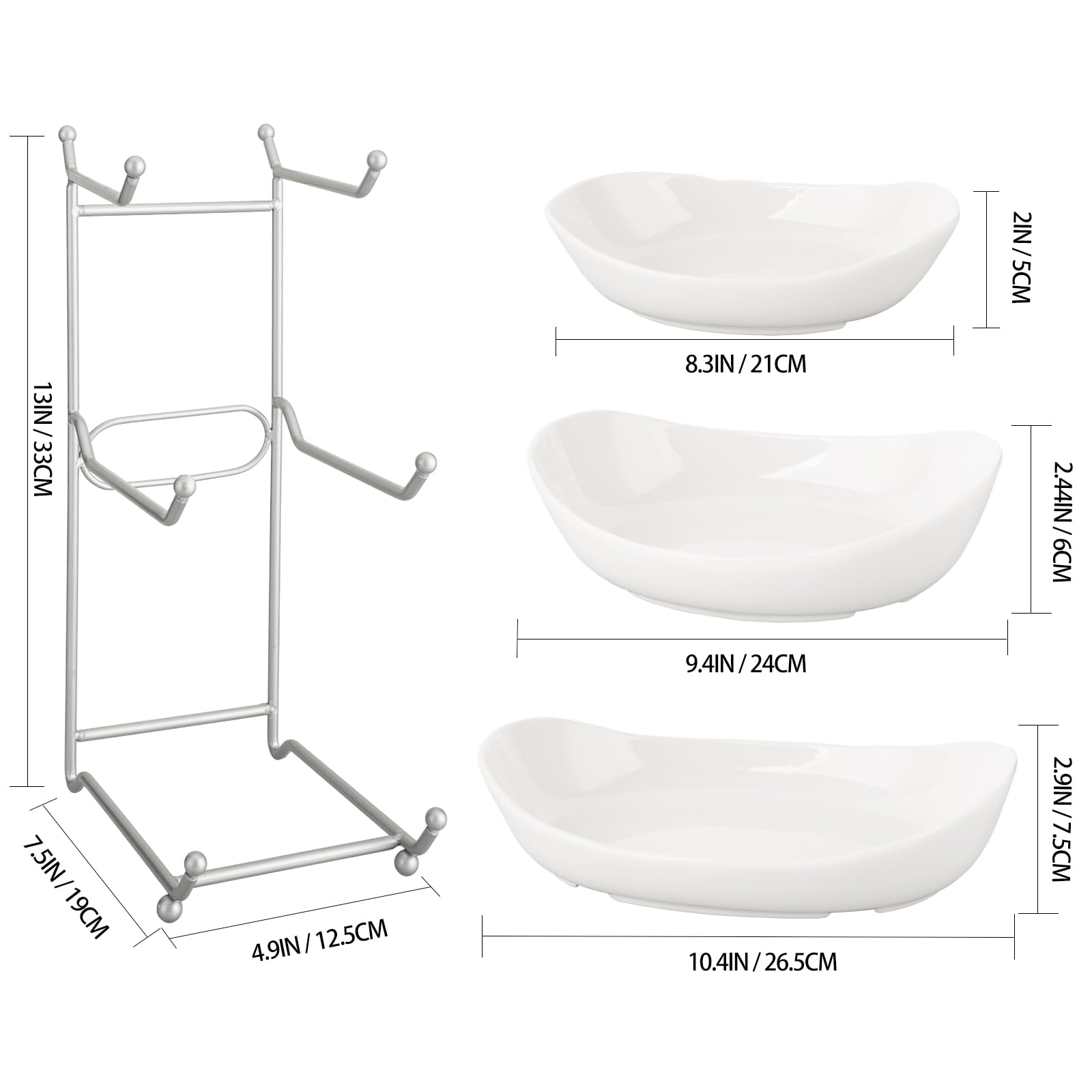 3-Tier Ceramic Fruit Bowl with Metal Stand - Elegant Kitchen Countertop Serving Bowl for Fruits, Vegetables, Snacks, Bread, Candy, Nuts, Cake & Desserts | Perfect for Dining Room, Party Display & Home Decor (White)