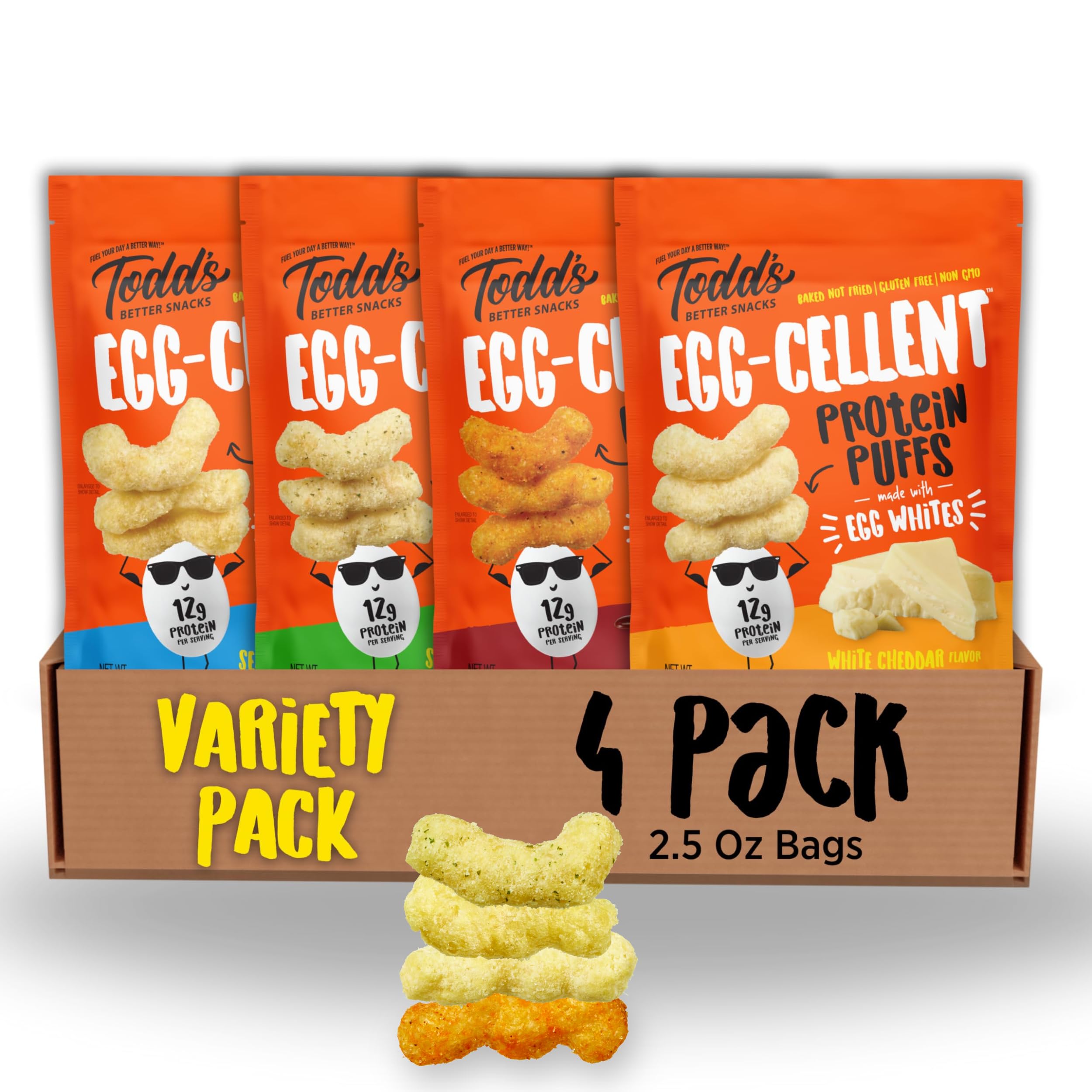 Todd's Better Snacks Egg-Cellent Protein Puffs - 12g Protein, Gluten Free, Made with Egg Whites, Variety Pack (2.5 Oz, Pack of 4) - Healthy Snacks for Kids, Adults, On-The-Go, Workouts & Weight Loss