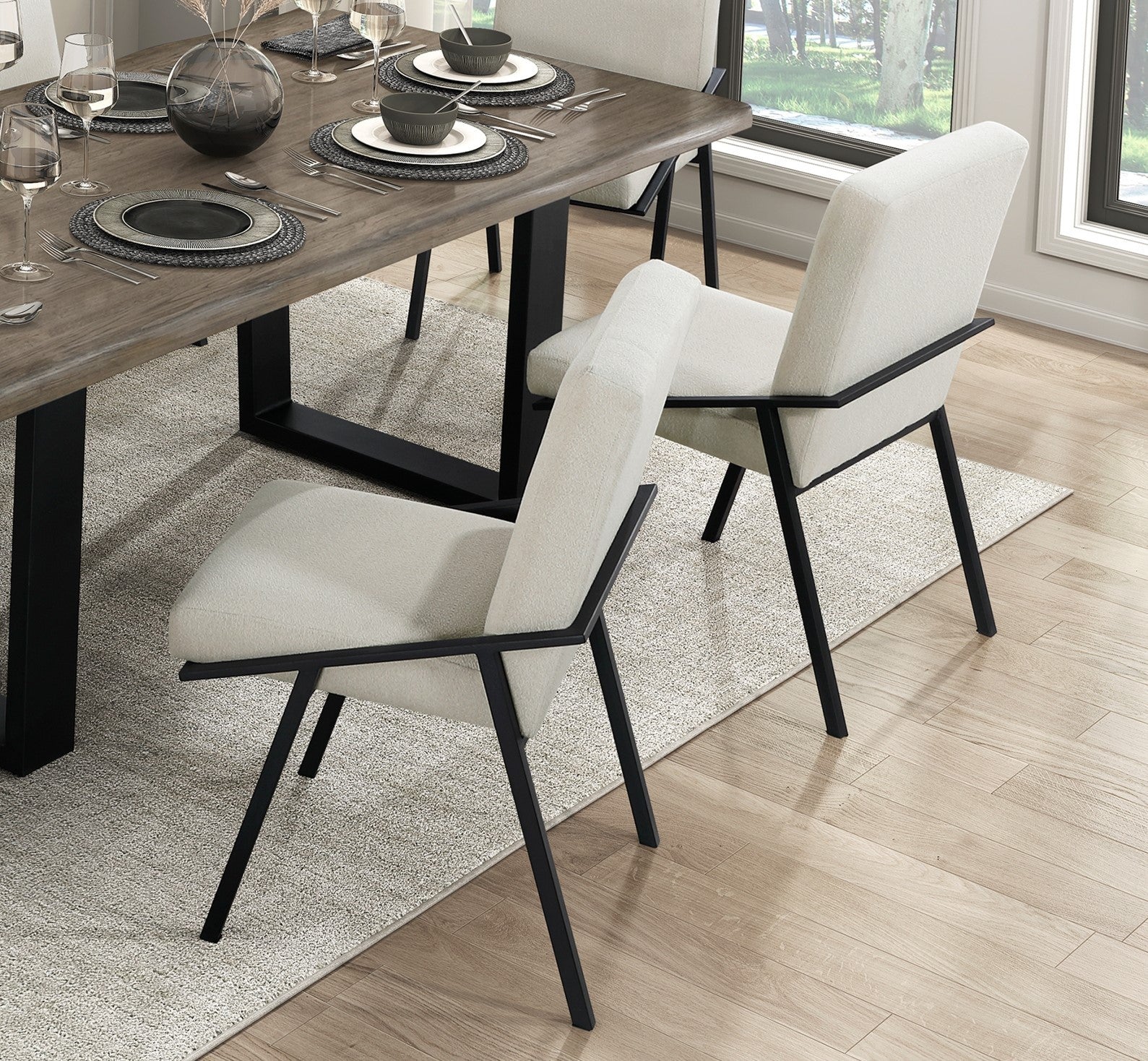 Modern Black Metal Base Cream Fabric Upholstered Dining Chairs Set of 2 - Contemporary Side Chairs for Kitchen, Dining Room & Office Seating