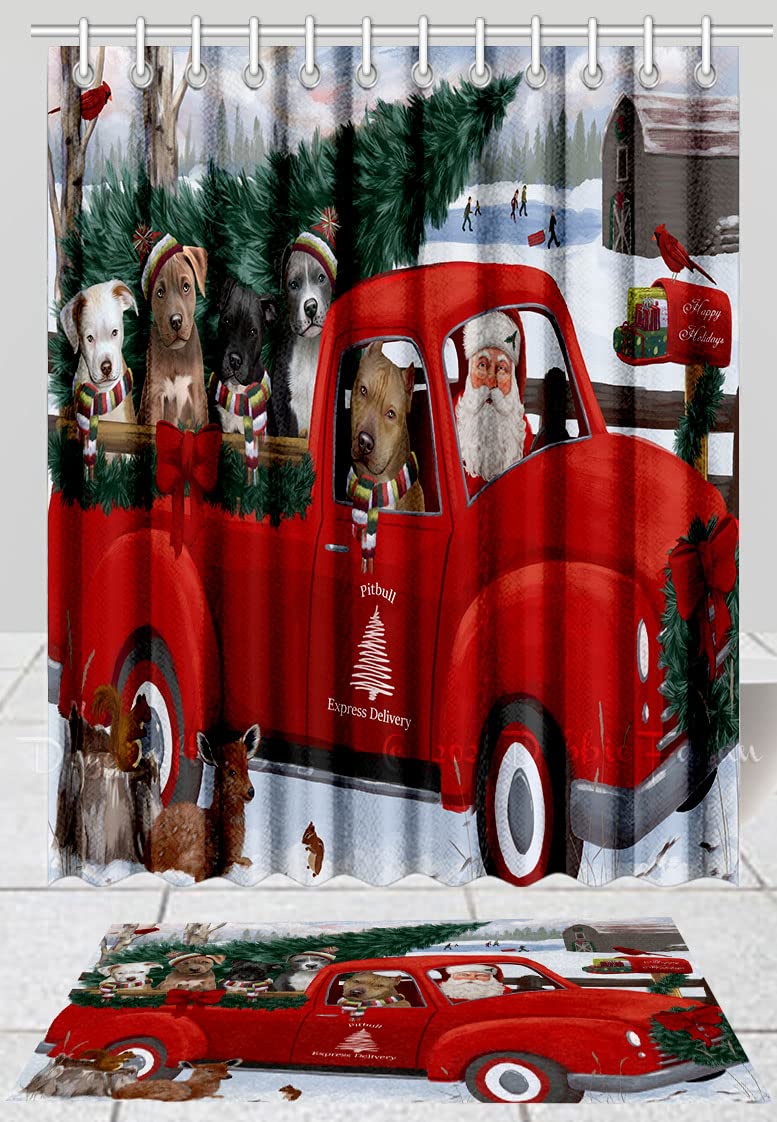 Christmas Santa Express Delivery Red Truck Pitbull Dog Shower Curtain & Bath Mat Set - Non-Slip Bathroom Rug & Polyester Bathtub Curtain with Hooks (16x28