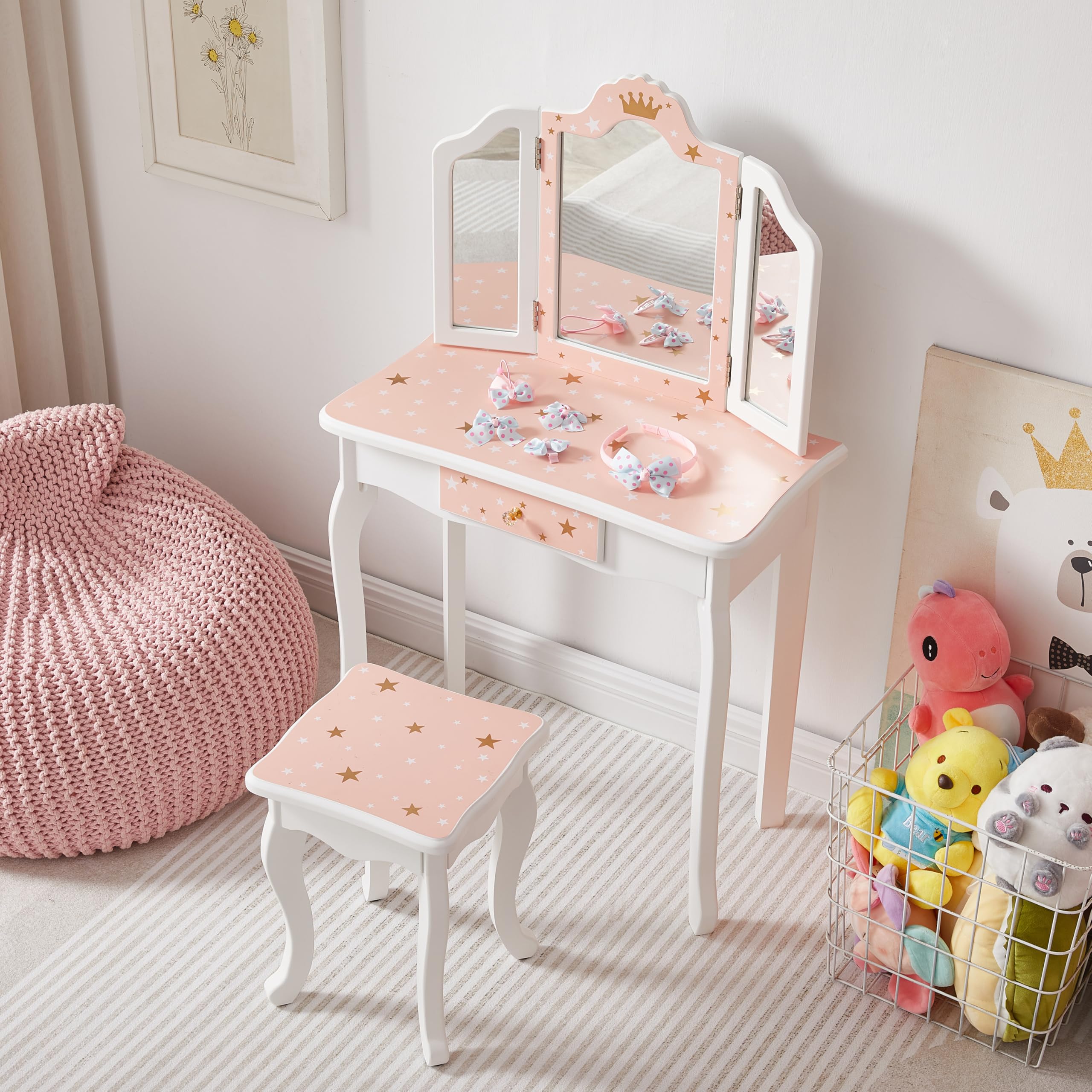 Kids Vanity Table and Chair Set - Girls Princess Makeup Dressing Table with Tri-Folding Mirror, Stool & Drawer | Perfect for Birthday Gifts, Bedroom Decor & Pretend Play (Ages 3-8)