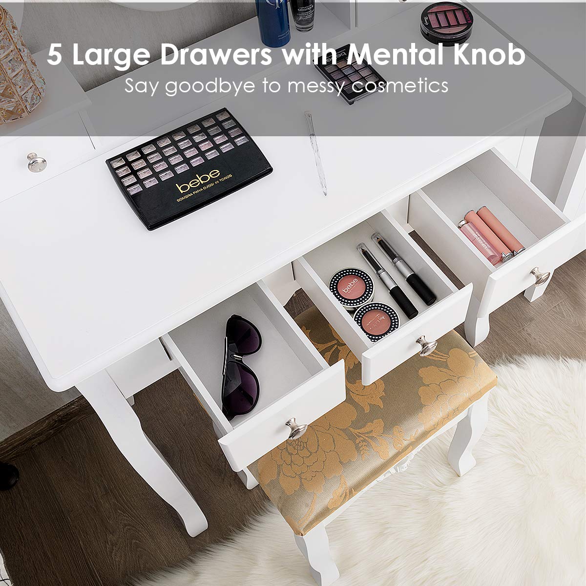 CHARMAID Vanity Table Set with Rotatable Oval Mirror & 5 Drawers - White Dressing Table with Cushioned Stool for Women & Girls | Perfect for Bedroom Makeup, Beauty Organization & Home Decor