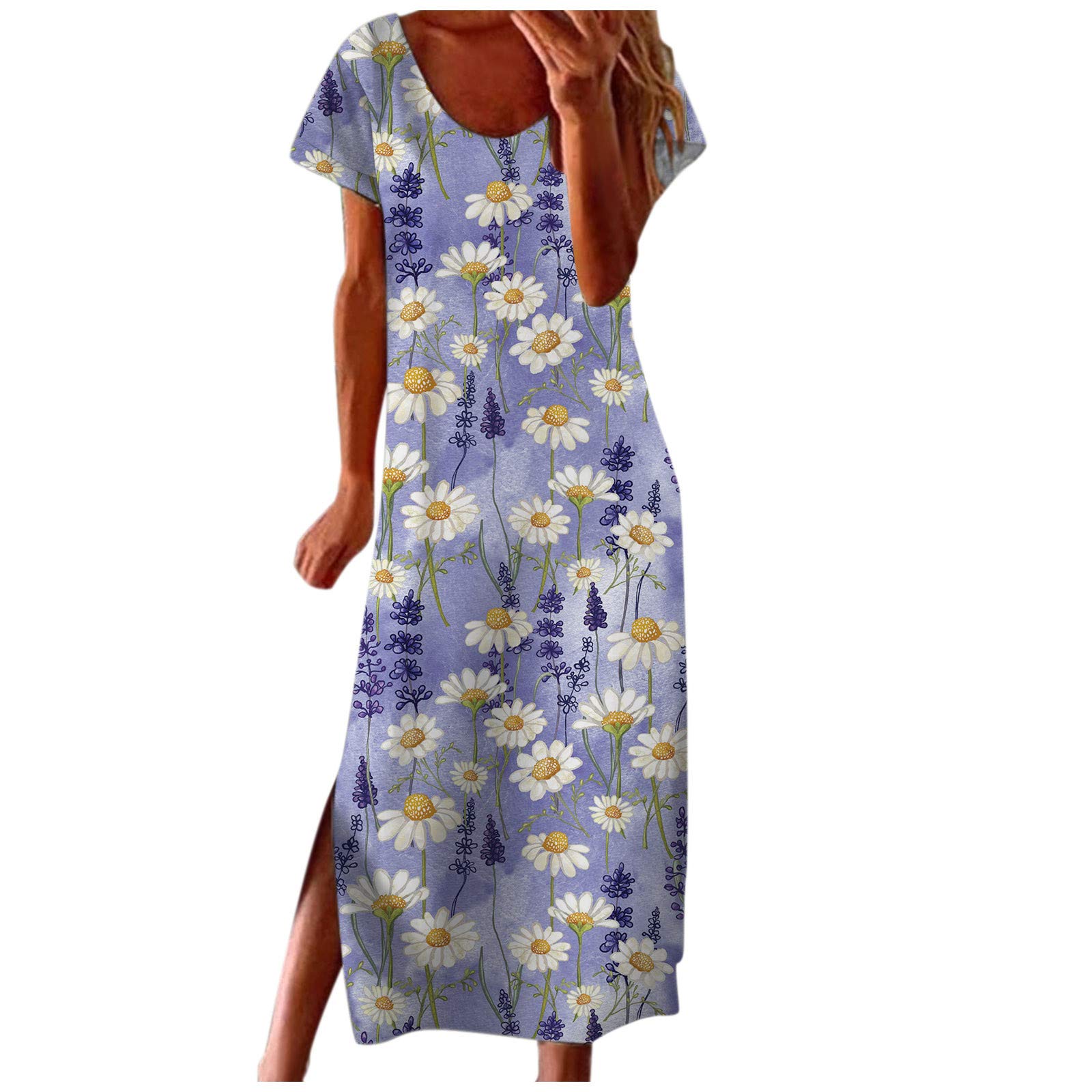 Women's Summer Casual V-Neck Maxi Dress - Stretchy Vintage Flowy Round Neck Short Sleeve Dress for Daily Wear, Beach, Parties & Outings