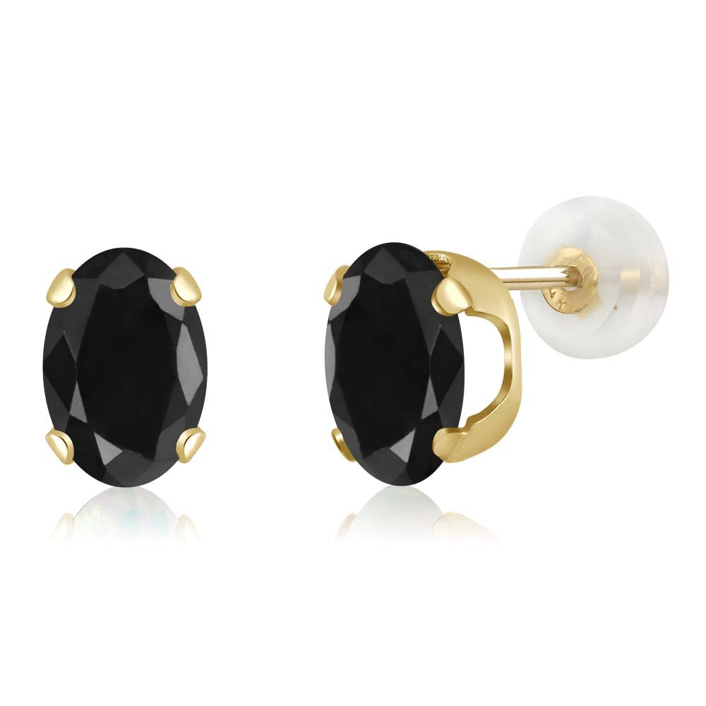 14K Yellow Gold Black Sapphire Stud Earrings for Women & Men | 2.14 Cttw Oval Cut (7x5mm) | Birthstone Jewelry Gift | Perfect for Weddings, Anniversaries & Everyday Wear