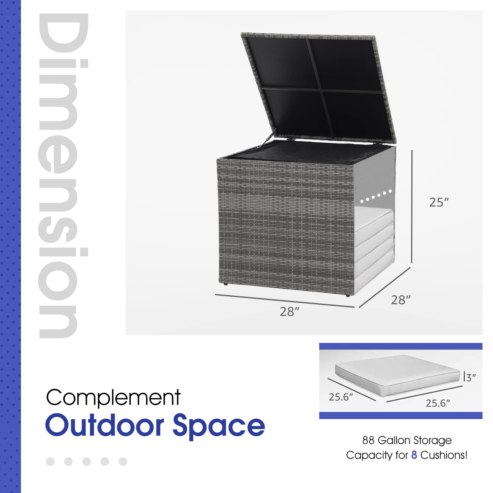 88 Gallon Resin Wicker Deck Box - Outdoor Storage for Patio Cushions, Gardening Tools & Pool Accessories - Waterproof Rattan Storage Bin for Backyard, Patio & Garden Organization (Grey)