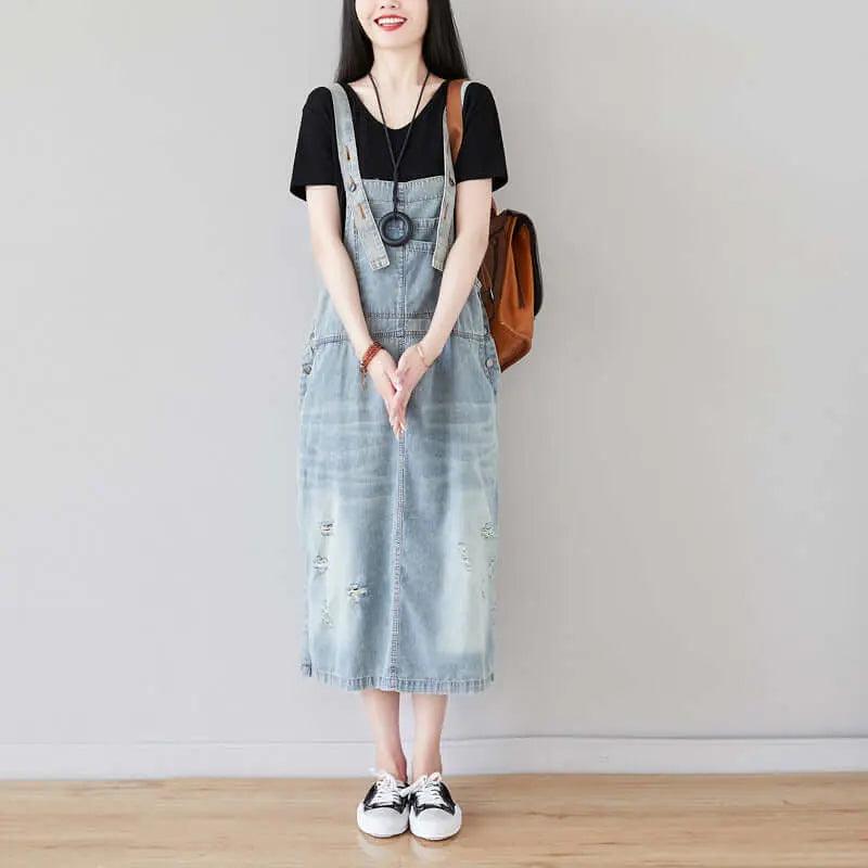 Light Blue Ripped Denim Sleeveless Dress with Retro Straps | Vintage Inspired Summer Outfit for Women | Perfect for Casual Wear, Beach Parties & Music Festivals
