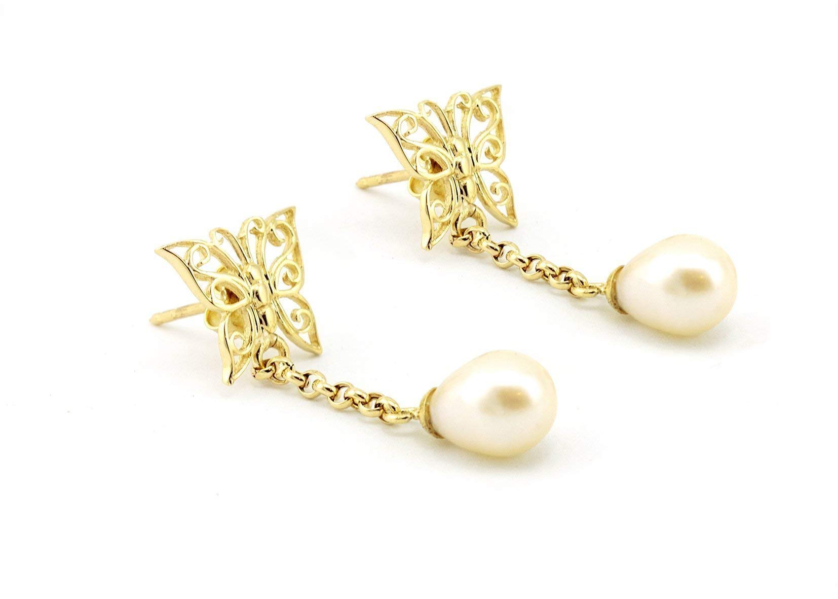 14K Solid Gold Drop Pearl Dangle Earrings for Women - Elegant Lace Butterfly Design, Perfect Gift for Wife, Anniversary, Valentine's Day | Everyday Wear, Date Night, Special Occasions