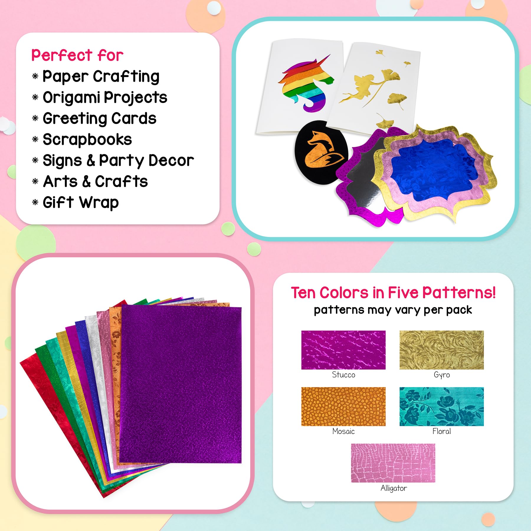 Hygloss Embossed Metallic Foil Paper - 30 Sheets of 8.5x10 Inch Shiny Craft Paper for DIY Projects, Scrapbooking, Card Making & Gift Wrapping - Premium Embossed Foil Sheets for Arts & Crafts
