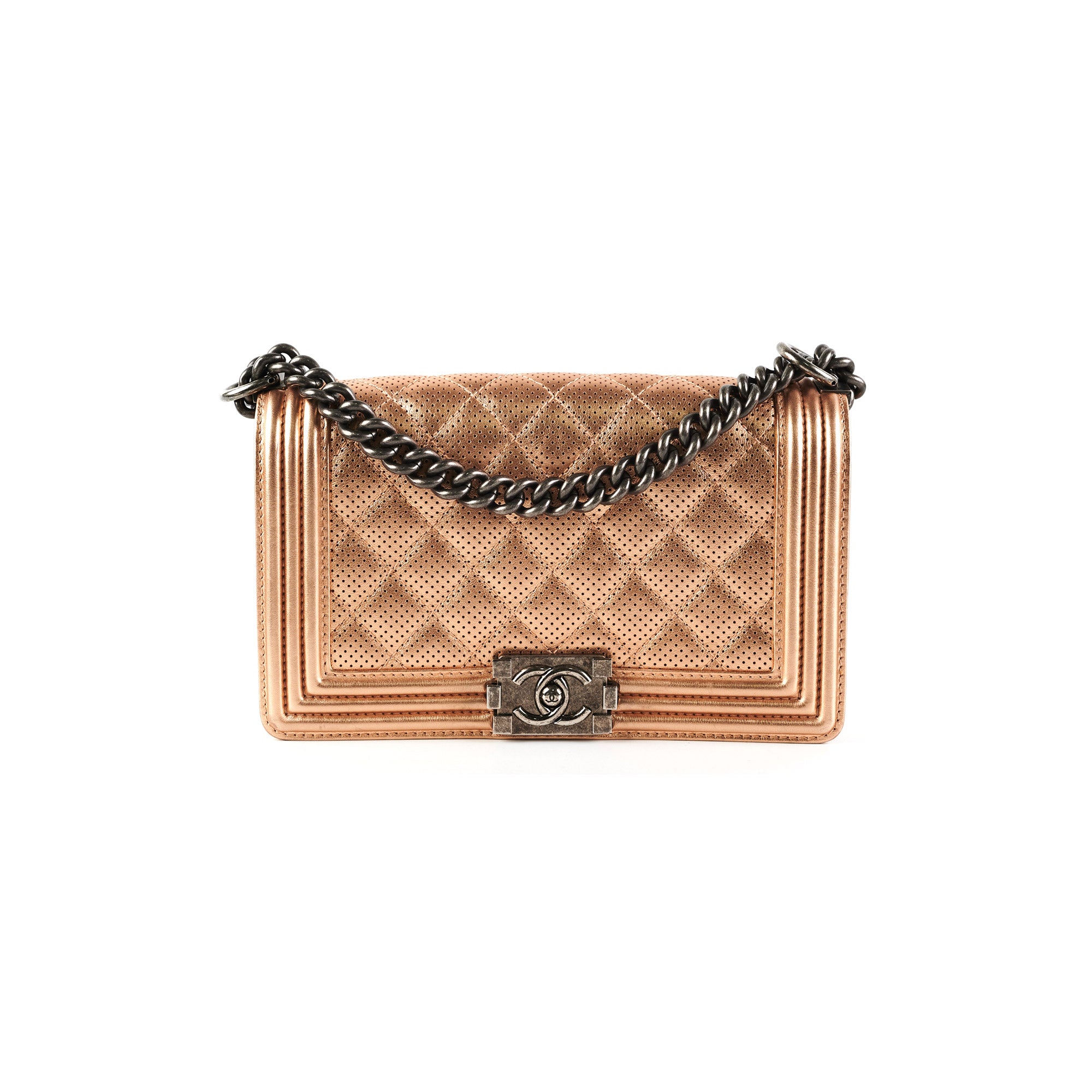 Chanel Boy Bag Perforated Rose Gold Leather Handbag - Luxury Designer Crossbody Bag for Women | Perfect for Parties, Date Nights & Special Occasions