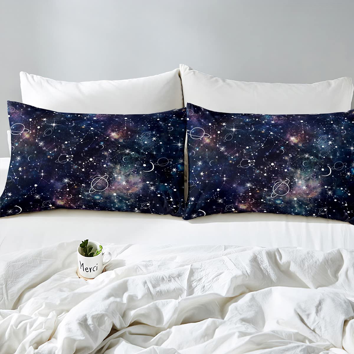 Galaxy Bed Sheets Set Twin Size - 3 Piece Constellation Sheet Set with Purple Universe Print, Deep Pocket Fitted Sheet & Starry Sky Flat Sheet - Includes 1 Pillow Case for Kids, Boys, Girls, Men & Women - Perfect for Space Themed Bedrooms, Dorm Rooms & Gift Giving