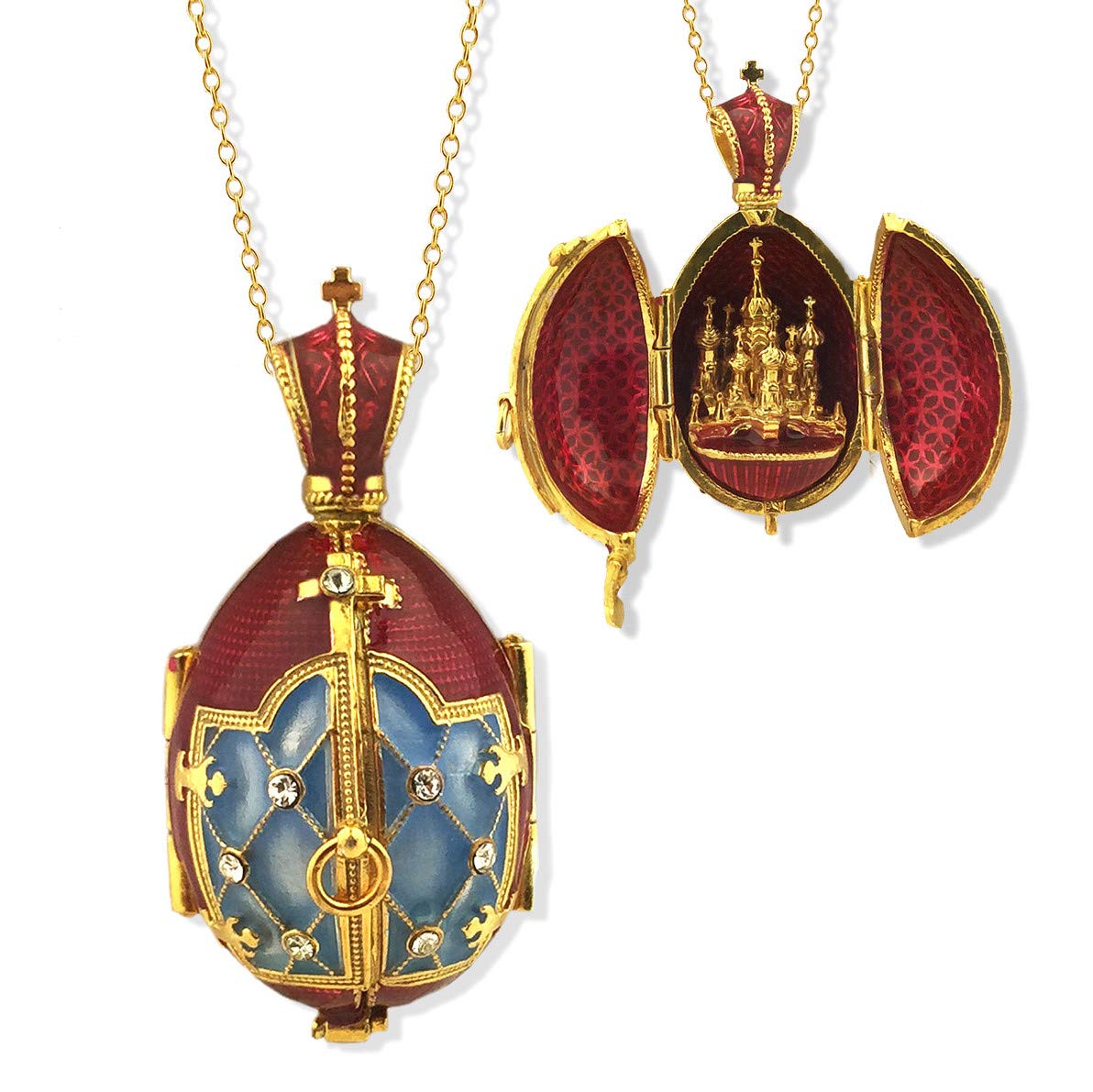 Religious Enamel Faberge Style Egg Pendant - Silver & Gold Plated Basil Cathedral Red Jewelry Gift for Women | Christmas, Easter, Baptism & Special Occasions