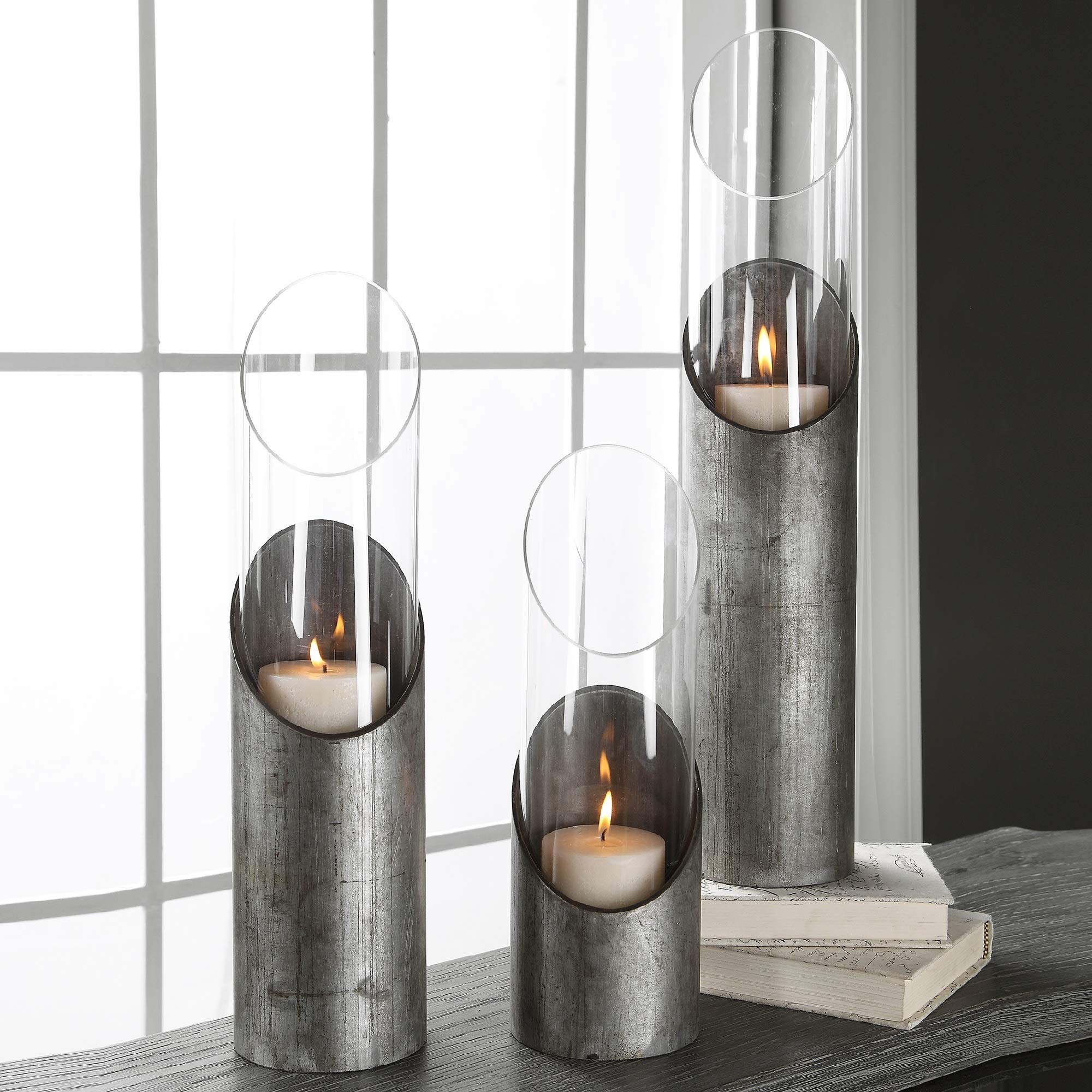 Modern Iron and Glass Candle Holders Set of 3 - 22 Inch Gray Home Decor for Dining Table, Wedding Centerpiece, Living Room & Bedroom Decor