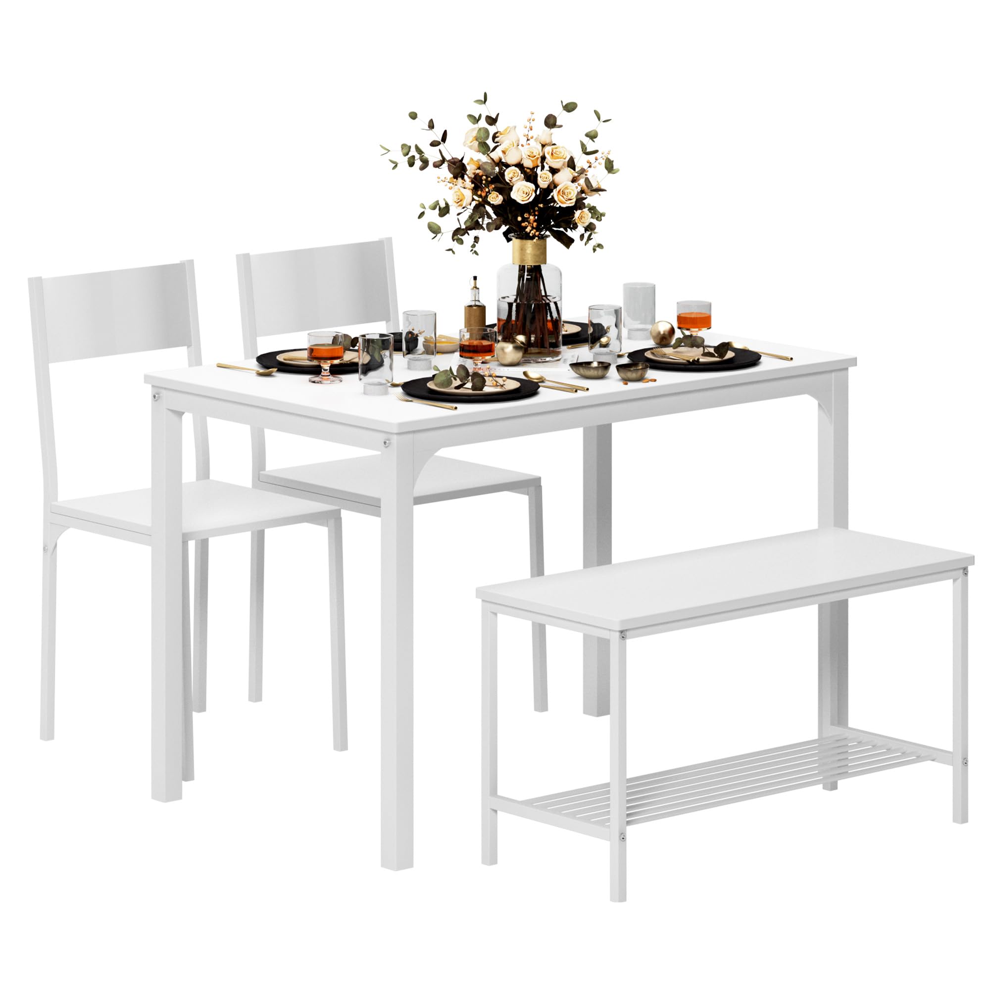 SogesFurniture 4-Piece White Dining Table Set with Table, 2 Chairs & Bench - 44 Inch Kitchen Dinette Set for Small Spaces | Perfect for Breakfast Nook, Apartment Kitchen or Cozy Dining Area