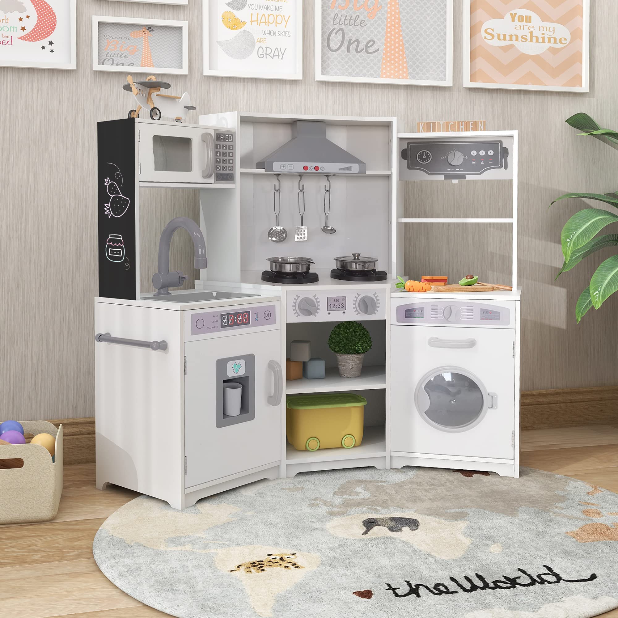 TaoHFE White Wooden Play Kitchen Set for Kids - Interactive Corner Kitchen with Lights, Sounds, Washing Machine & Chalkboard | Pretend Cooking Toy for Toddlers Ages 3+ | Perfect Gift for Boys & Girls | Great for Role Play, Birthday Parties & Early Learning