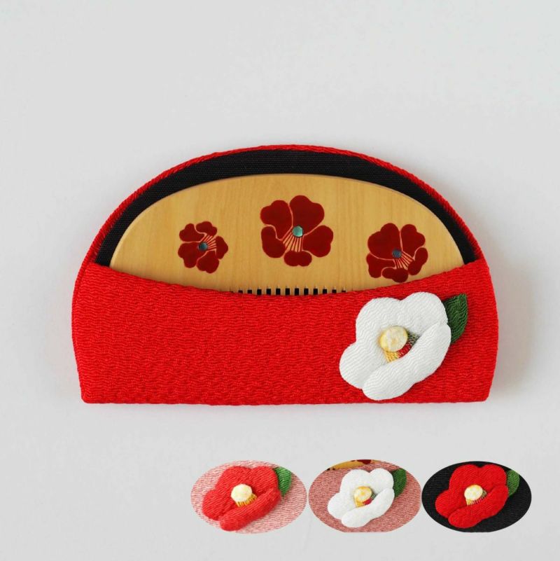 Handmade Japanese Maki-e Urushi Lacquer Tsuge Boxwood Hair Comb with Chirimen Crepe Fabric Case - Kyoto Traditional Craft, Camellia Design - Perfect for Weddings, Tea Ceremonies & Kimono Styling