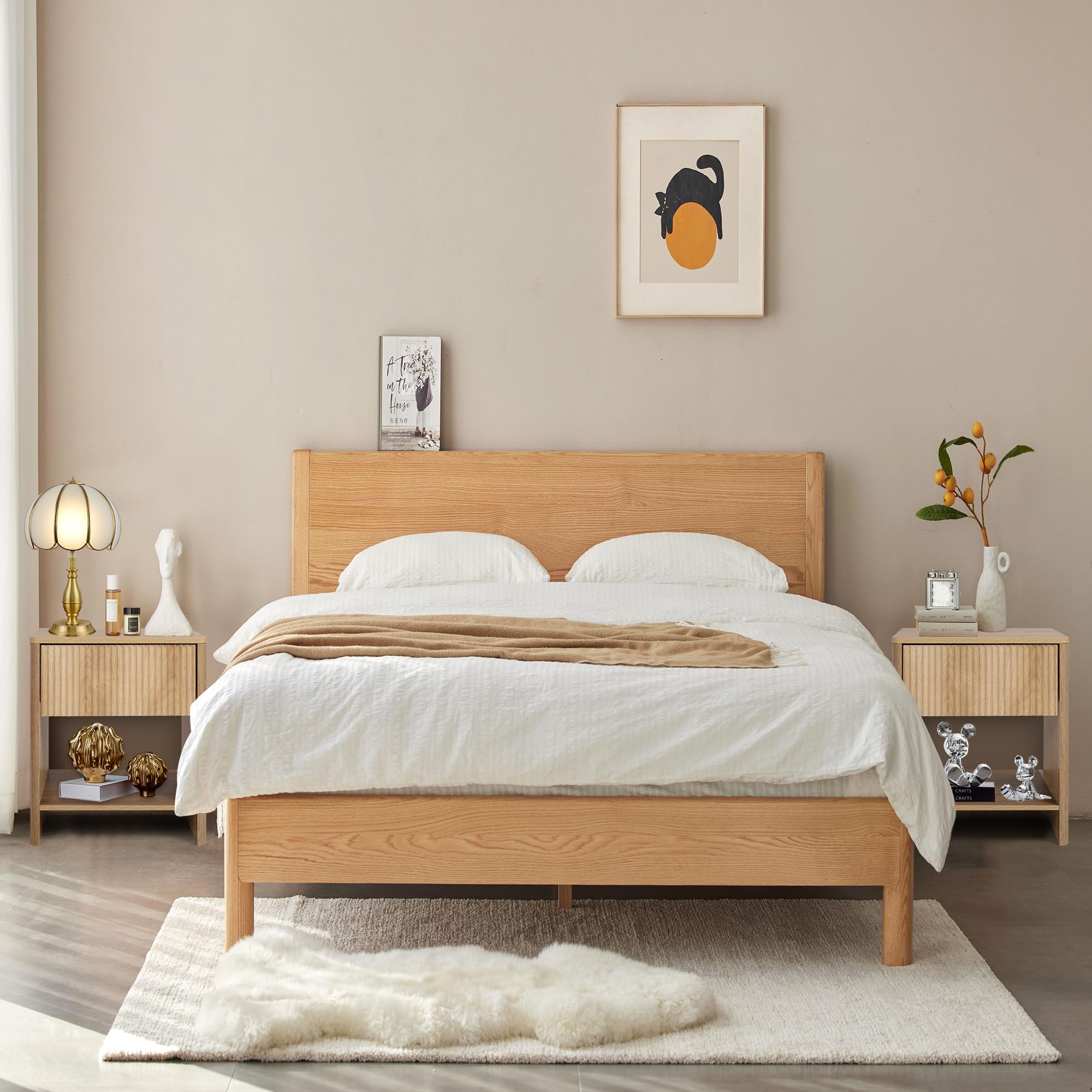 Modern Boho Nightstand Set of 2 with Drawer - Wood Fluted Cabinet Bedside Tables with Storage for Small Spaces - Perfect for Bedroom, Living Room & Apartment Decor