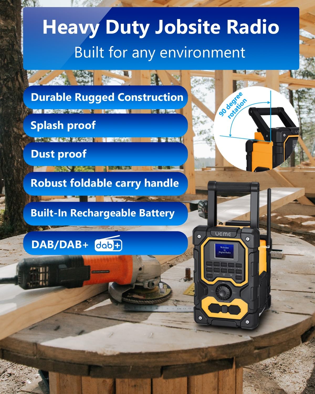 UEME 16W Jobsite DAB/DAB+ FM Radio - Rugged Construction Bluetooth Radio with Rechargeable Battery, AUX Input & USB Charging | Perfect for Builders, Contractors & Outdoor Work Sites | Includes Mains Adaptor