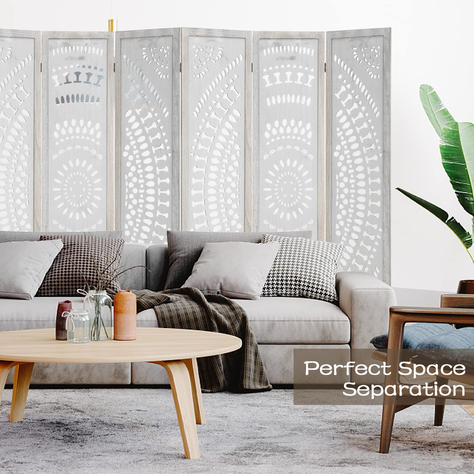 Babion 6 Panel Wooden Room Divider - 5.6 Ft Tall Folding Privacy Screen with Carved Design, White Home Office Partition for Bedroom, Living Room & Workspace (No Assembly Required, Double Hinged)
