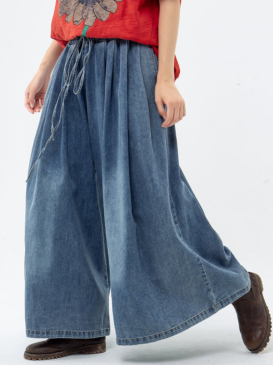Plus Size Casual Drawstring Blue Denim Wide Leg Pants Jeans for Women - Comfortable Stretch High Waist Trousers for Everyday Wear, Work & Travel