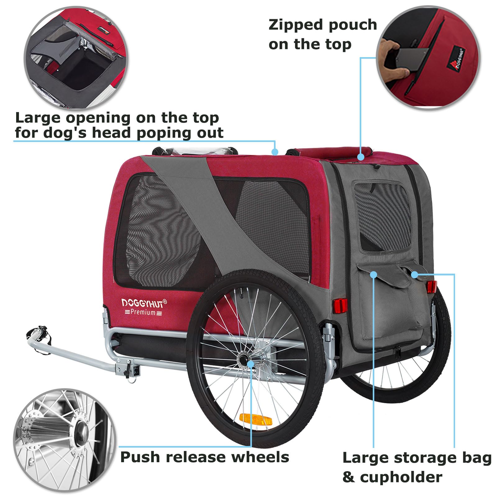DOGGYHUT® XL Dog Bike Trailer for Large Dogs - Heavy Duty 100 lbs Capacity Pet Bicycle Carrier with Foldable Frame & Low Center Gravity - Perfect for Cycling, Jogging, Outdoor Adventures with Your Dog