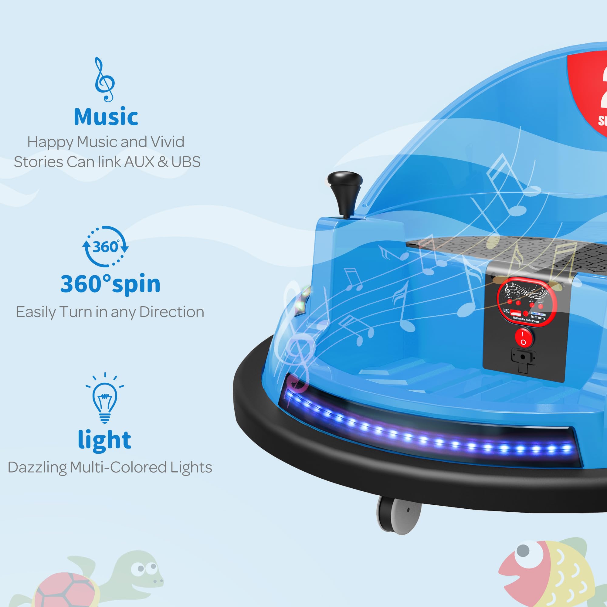 ROOMTEC 12V Kids Ride On Bumper Car with Remote Control - Safe 360° Spinning Toddler Electric Car with Flashing Lights & Music - Birthday Gift for Boys Girls Ages 1-3 (Blue) - Perfect for Indoor Playrooms, Backyard Fun & Birthday Parties