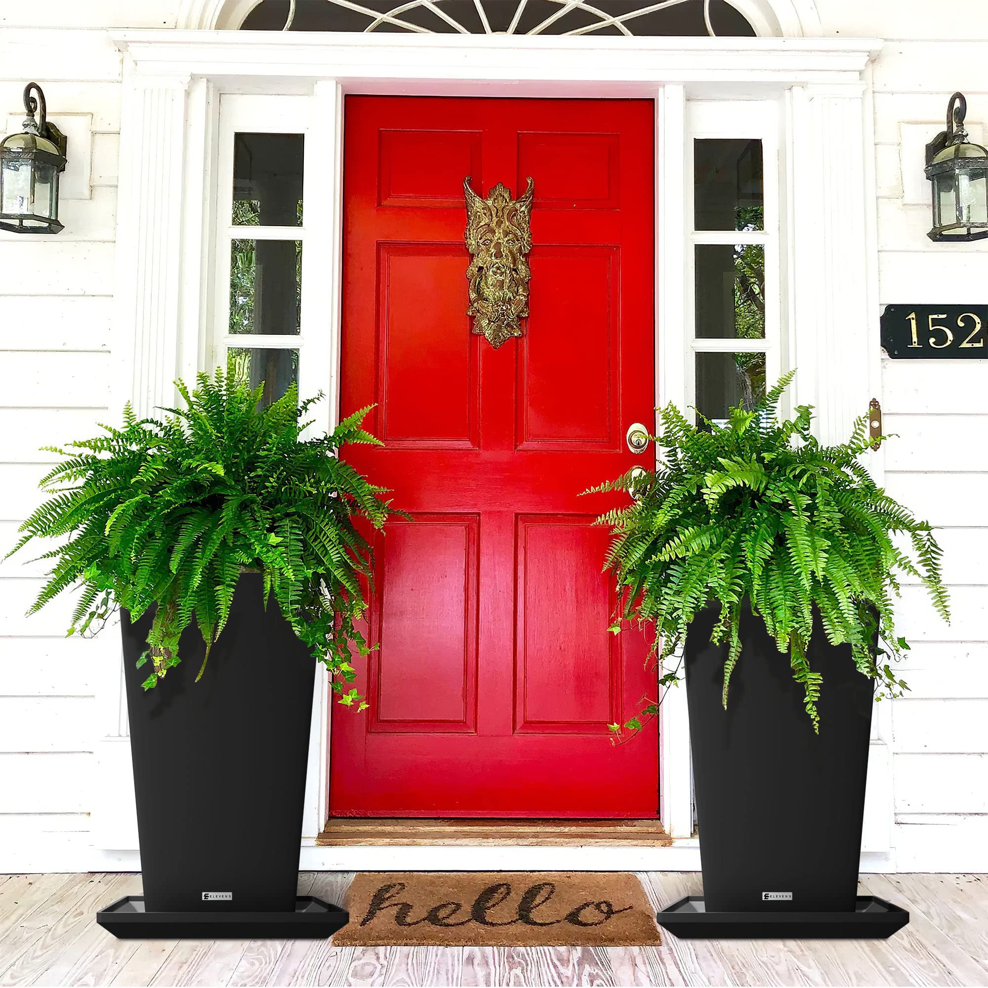Elevens 29 Inch Tall Tapered Square Planters - 2 Pack Large Indoor/Outdoor Garden Flower Pots with Drainage Tray - Perfect for Patio, Balcony, Living Room & Office Decor (Black)