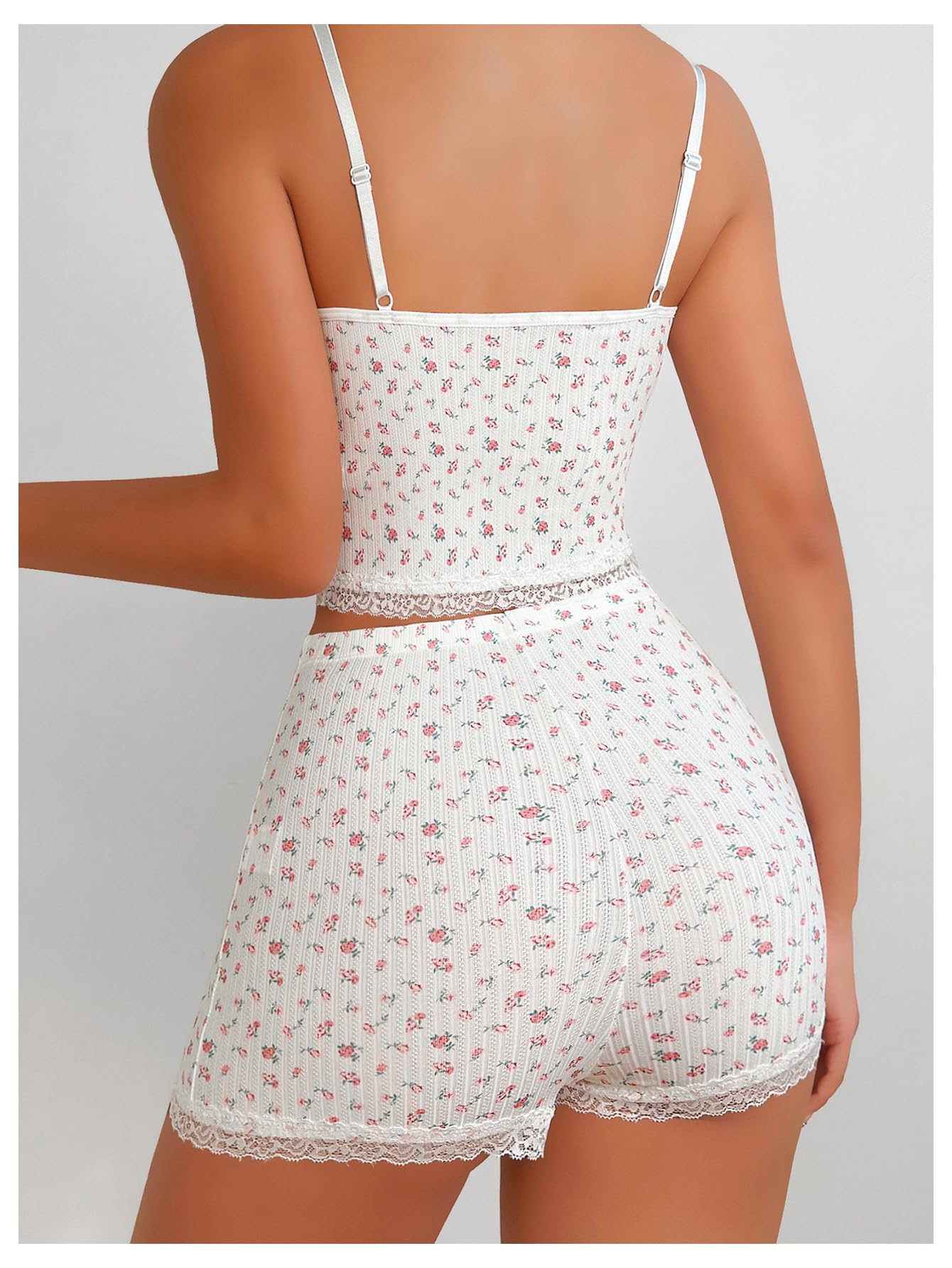 SOLY HUX Women's Y2k Floral Lace Lounge Set - Sleeveless Cami Top & Shorts Pajama Set for Sleepwear, Lingerie & Comfortable Nightwear - Perfect for Bedtime, Relaxing at Home, or Summer Vacation