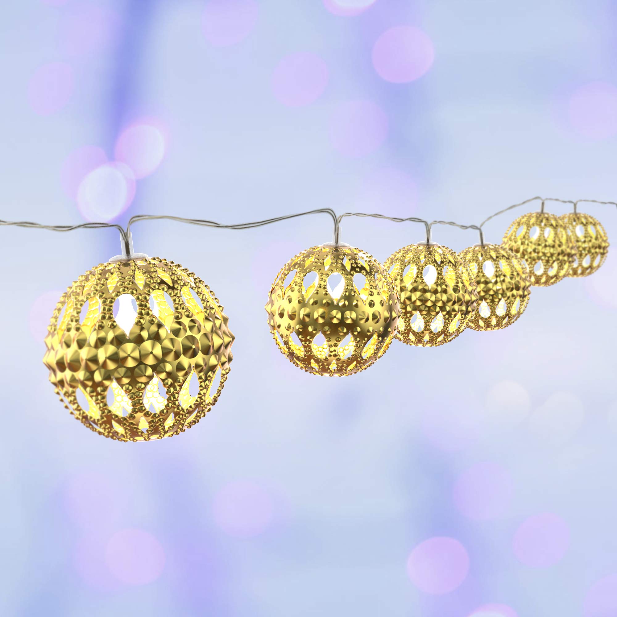 Gideon 20 LED Solar Powered Hollow Metal Ball Fairy Lights - Waterproof Holiday & Christmas String Lights for Indoor Outdoor Decor, Garden, Patio, Wedding, Party