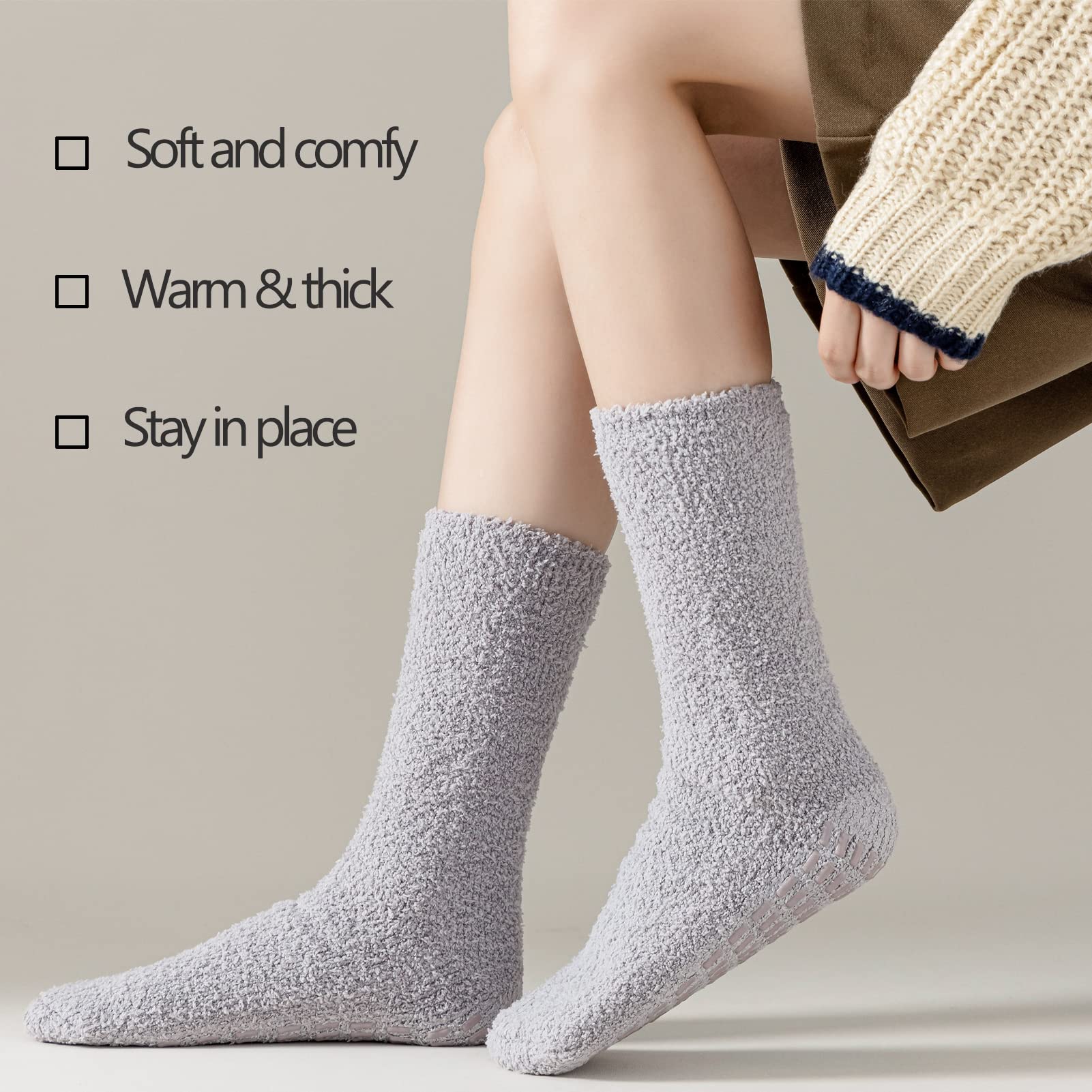 JORMATT 3 Pairs Ultra Thick Non-Slip Grip Fuzzy Socks for Women & Men - Cozy Warm House Slippers, Hospital Socks for Winter Indoor Comfort