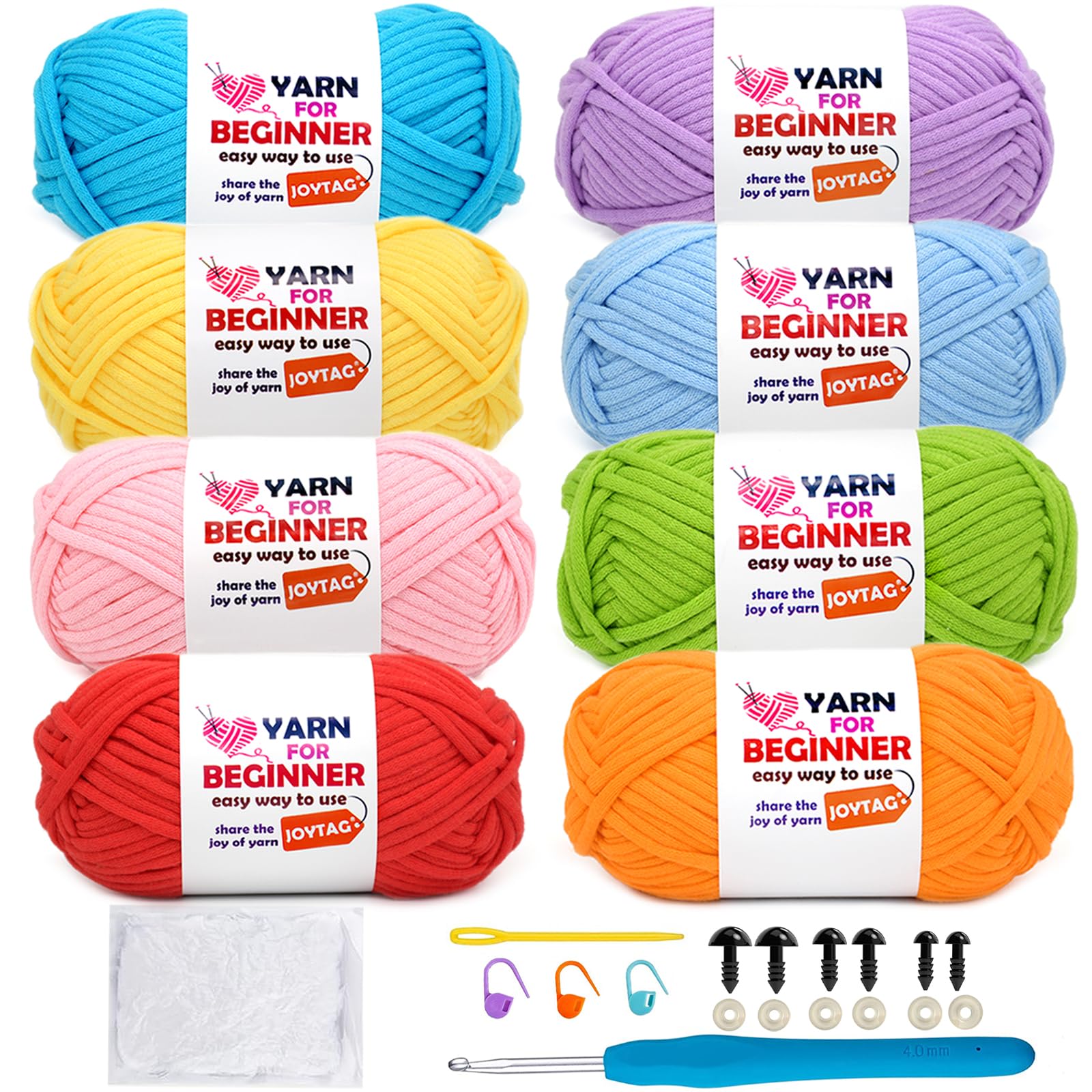 8 Pack Beginner Crochet Yarn Kit - Soft Cotton Yarn in Blue, Green, Yellow & Red (8x50g) for Easy Crocheting & Knitting with Visible Stitches - Perfect for DIY Crafts, Baby Blankets & Amigurumi Projects