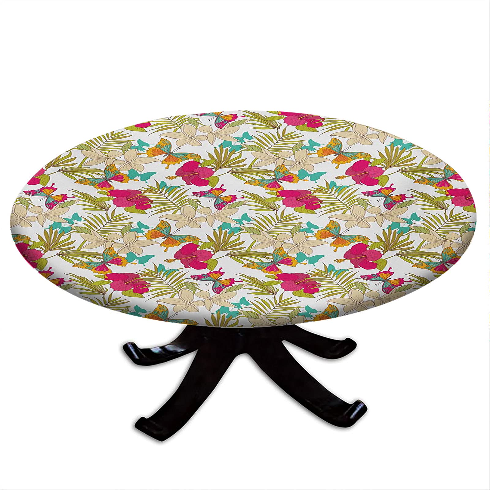 Waterproof Round Fitted Hawaiian Tablecloth with Tropical Frangipani & Hibiscus Flowers, Exotic Butterflies & Palm Leaves Design - Elastic Edge, Wipeable Table Cover for 35