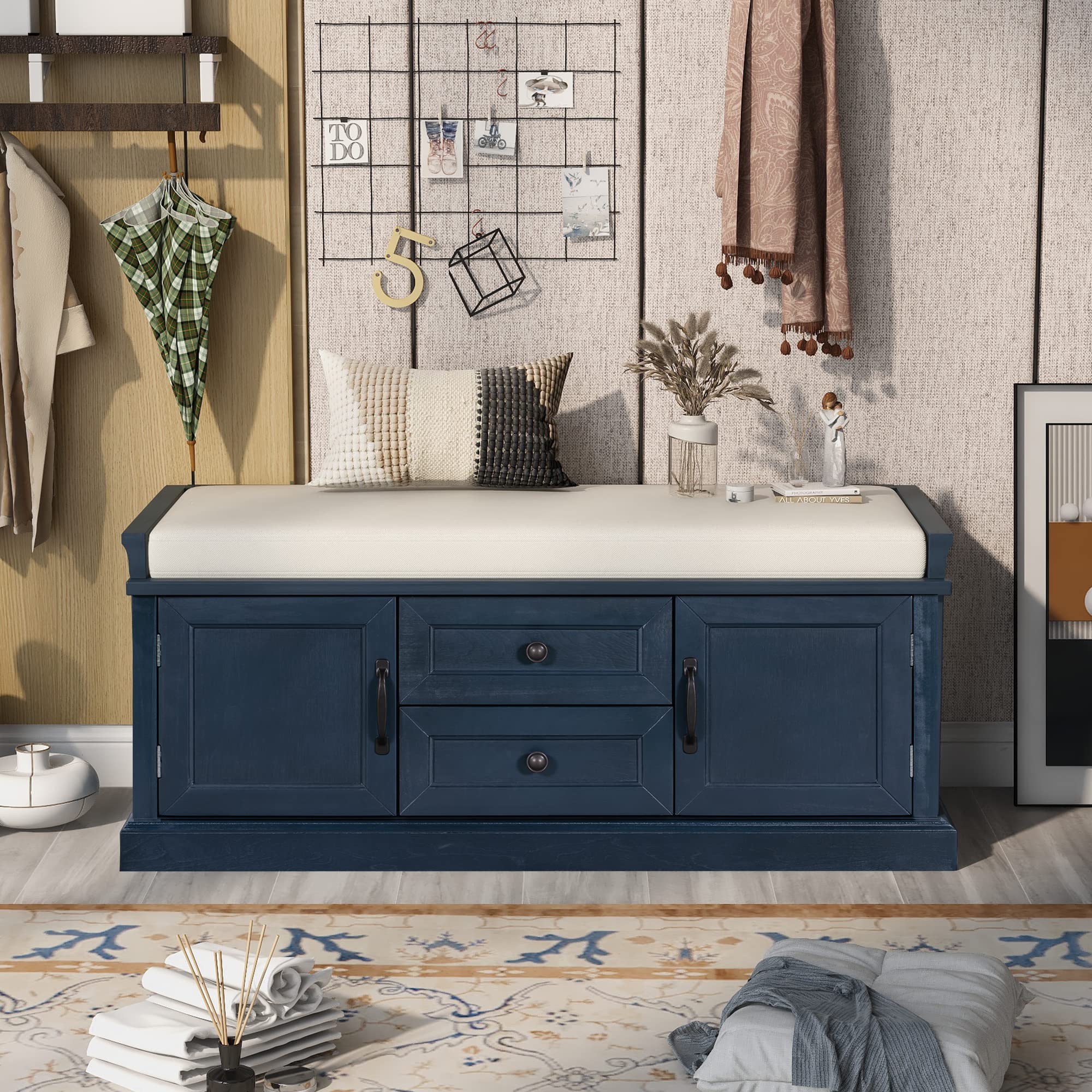 P PURLOVE Rustic Wooden Storage Bench with 2 Cabinets & 2 Drawers - Entryway Shoe Bench with Removable Cushion for Bedroom, Hallway, Living Room - Easy Assembly Required - Perfect for Organizing Shoes, Hats & Home Decor