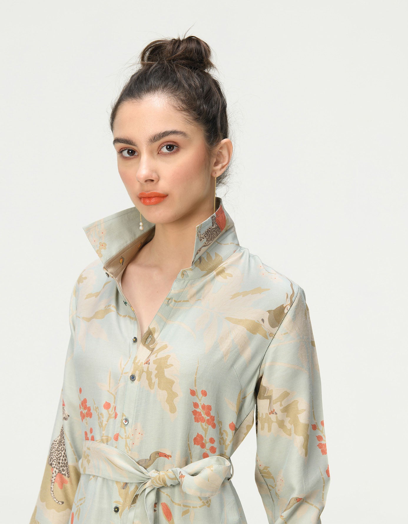 Elegant Tie Belt Shirt Dress in Muga Satin - Ice Blue | Women's Casual & Office Wear | Perfect for Spring Outfits, Work Attire and Special Occasions