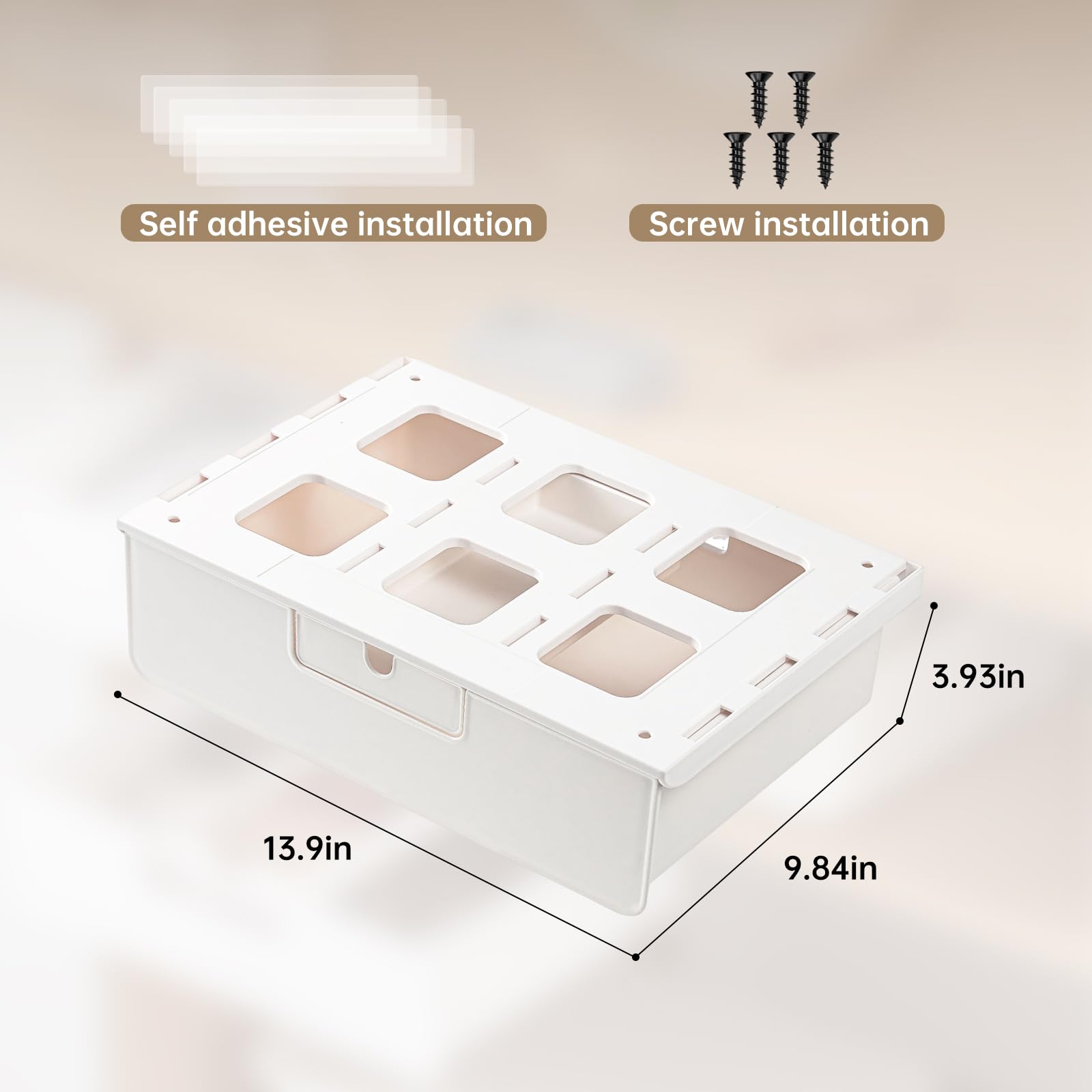 Under Desk Drawer Organizer - Slide Out Hidden Storage Tray with 2 Installation Methods (Screw/Adhesive) - White Space Saving Cabinet Drawer for Office & Home Workspace - Perfect for Storing Stationery, Files & Small Office Supplies