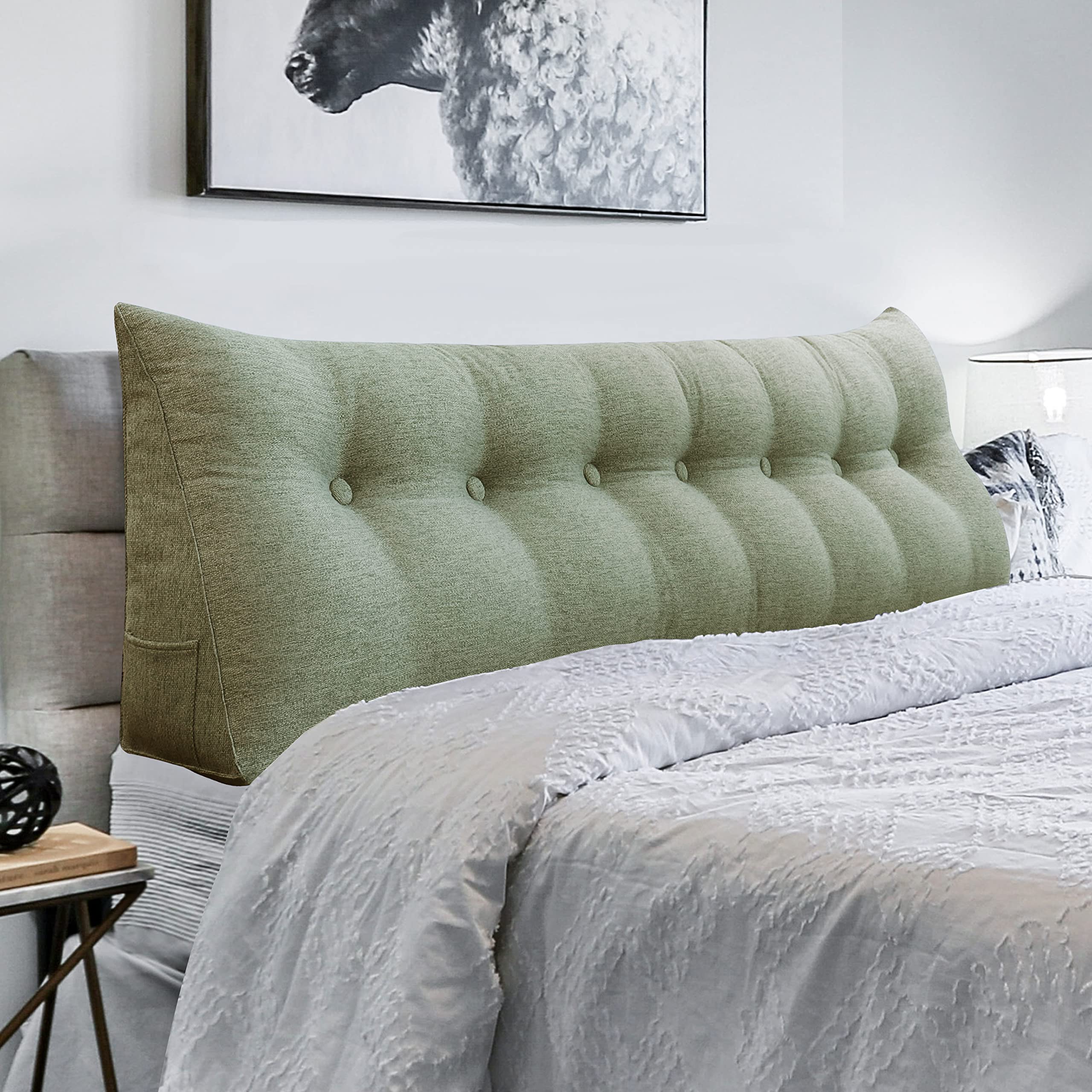**Triangular Headboard Wedge Pillow - Upholstered Green King Size Bed Rest Pillow for Daybeds, Reading & Lumbar Support - Perfect for Back Pain Relief, Gap Filling & Stylish Home Decor**
