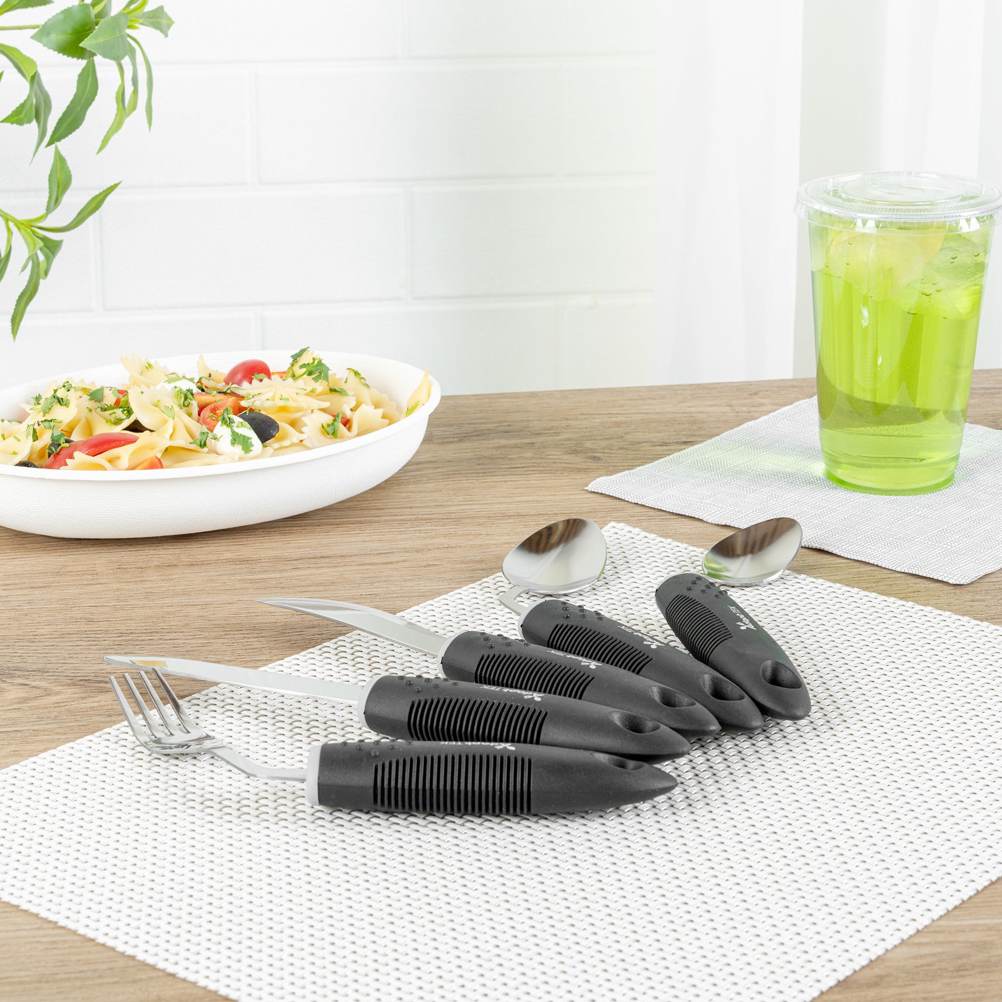 Adapt Tek Black Stainless Steel 5-Piece Adaptive Offset Utensil Set for Left-Handed Users - Lightweight, Non-Slip Grip, Ergonomic Design - Ideal for Arthritis, Limited Mobility & Elderly Care (1 Count) - Perfect for Cooking, Dining & Assisted Living