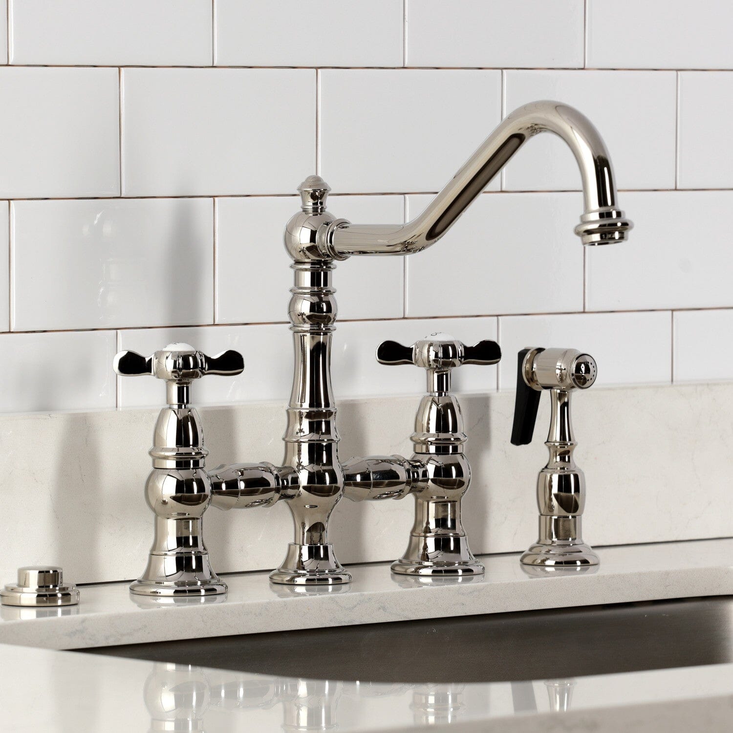 Essex Two Handle 4-Hole Deck Mount Bridge Kitchen Faucet with Brass Side Sprayer - Perfect for Farmhouse & Traditional Kitchen Sinks