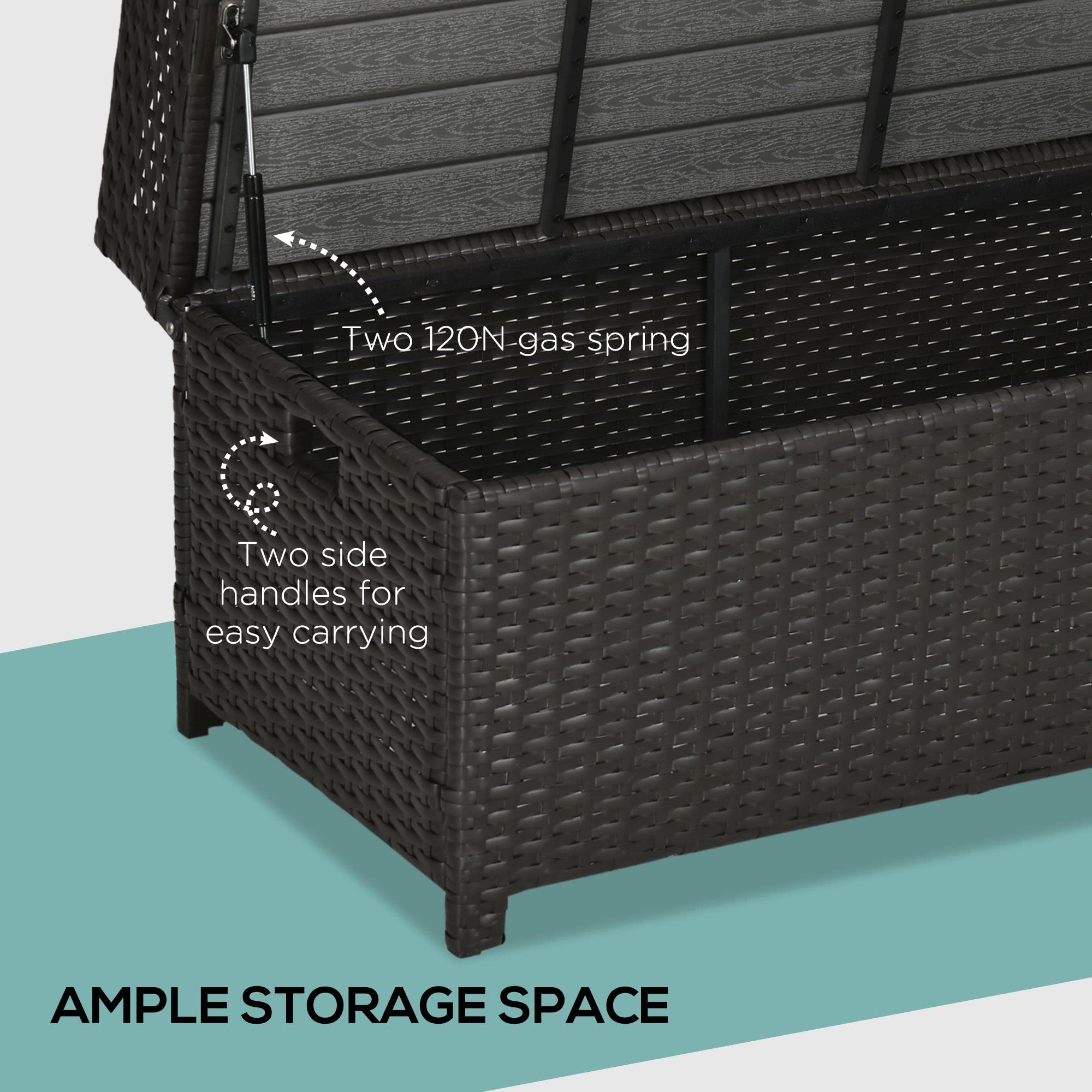 Outsunny 38 Gallon Outdoor Wicker Storage Bench Deck Box - Waterproof PE Rattan Patio Furniture with Cushion & Storage Bag - Perfect for Poolside, Garden, Deck, and Patio Organization
